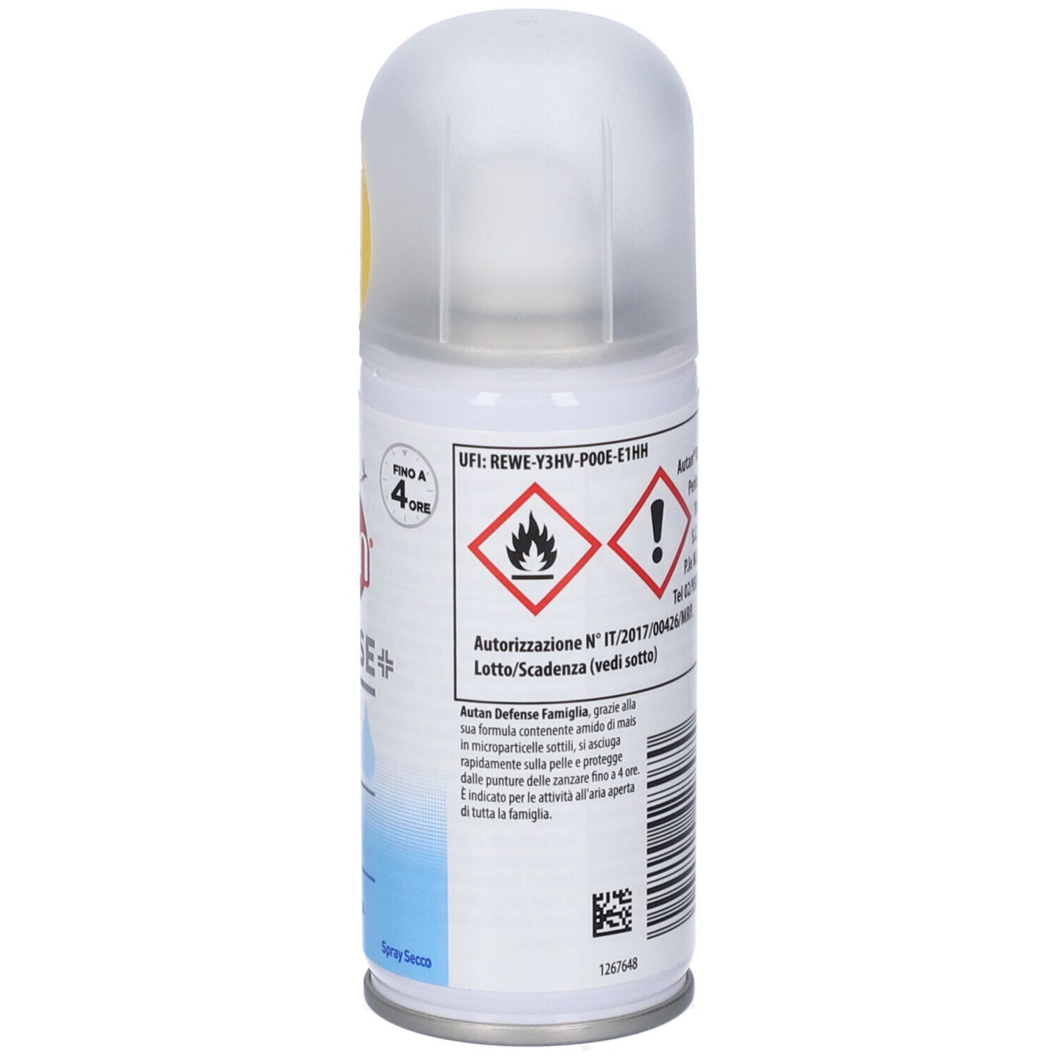 Autan Defense Famiglia Spray. "Bis zu 4 Stunden"-Angabe. Gefahrensymbole und Zulassungsinformationen.