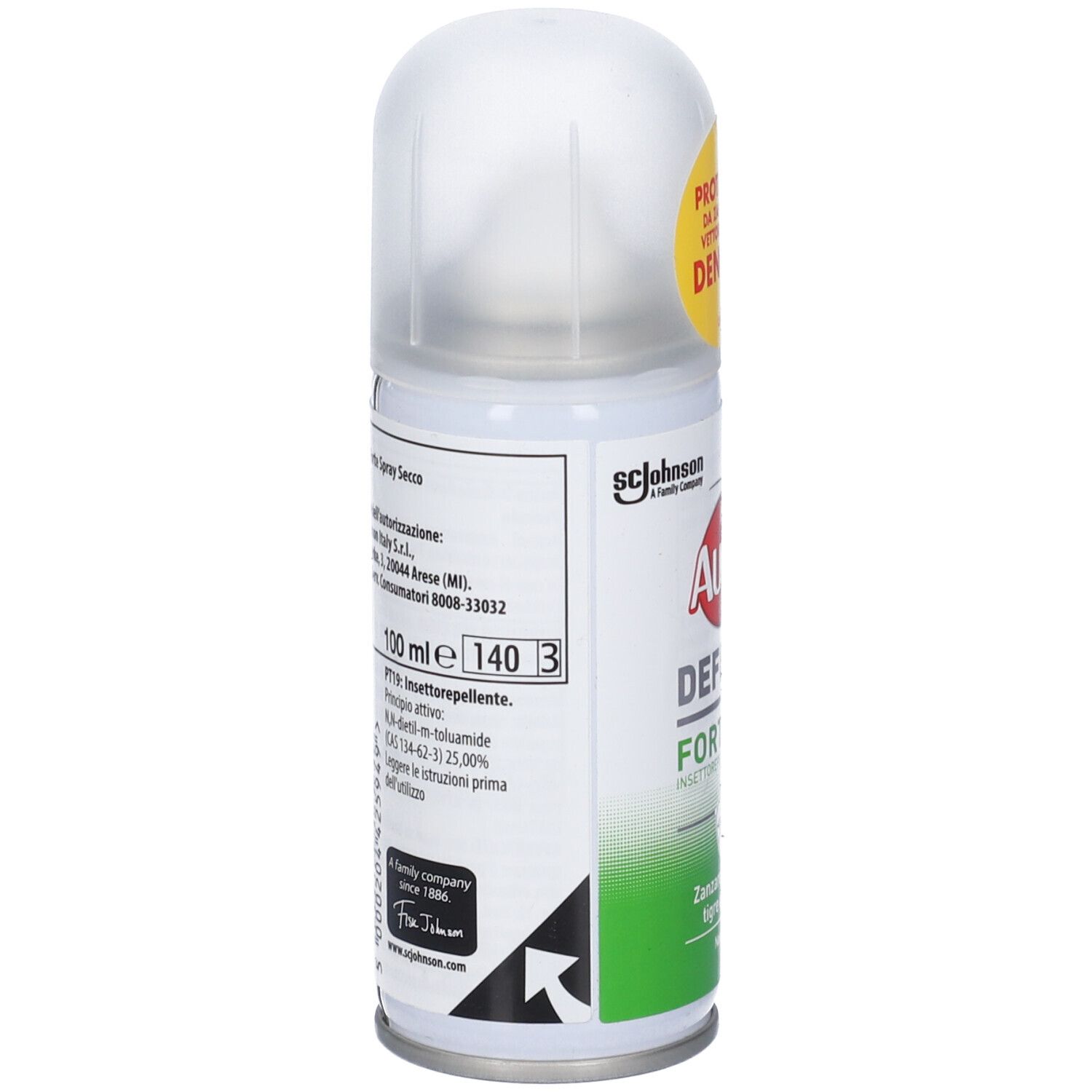 Rückseite der Autan Defense Forte Spray Dose. Enthält 100 ml. Informationen zu Inhaltsstoffen und Anwendung.