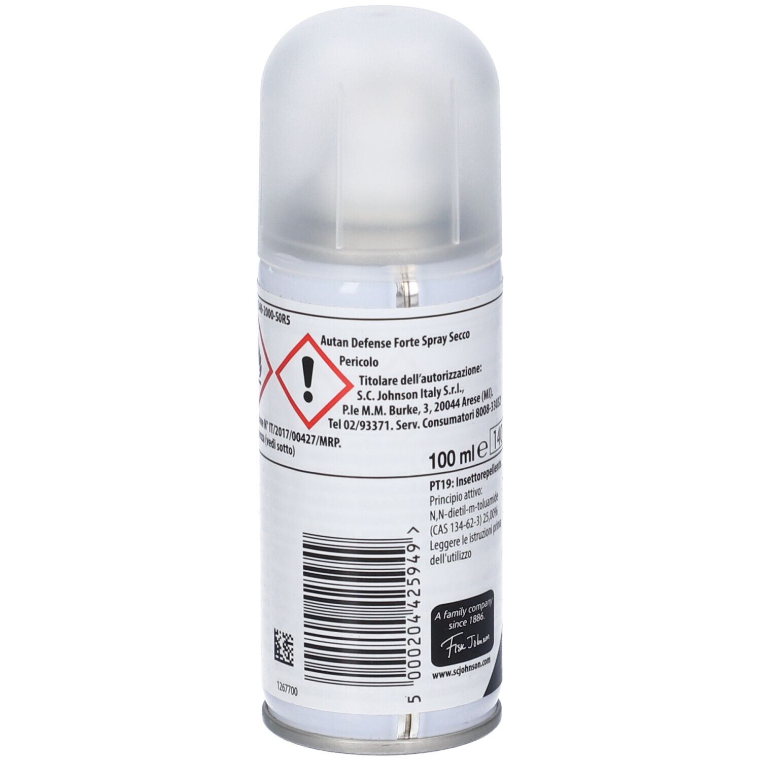 Seite der Autan Defense Forte Spray Dose mit Gefahrensymbolen und Barcode. Enthält 100 ml.