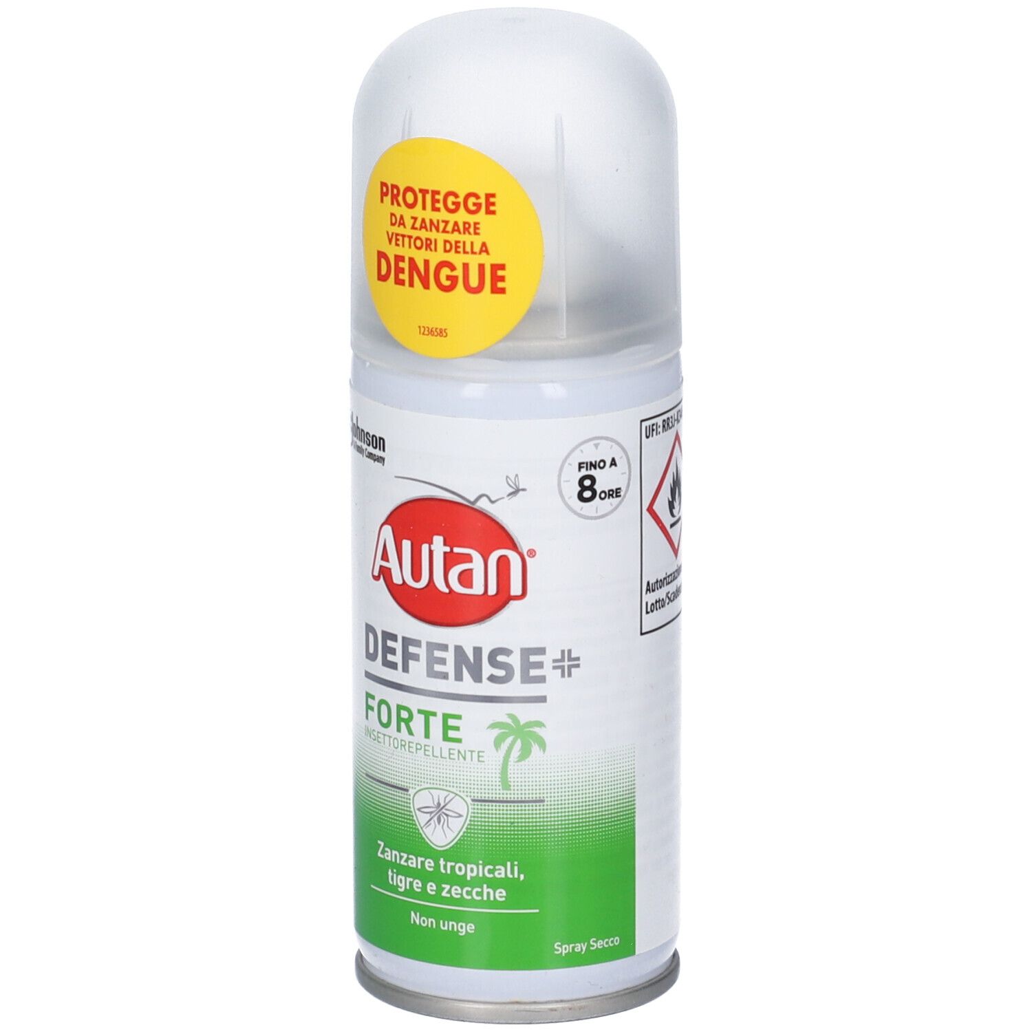 Autan Defense Forte Spray Dose mit transparentem Verschluss. Gelber Aufkleber mit Dengue-Schutz. Schutz bis zu 8 Stunden.