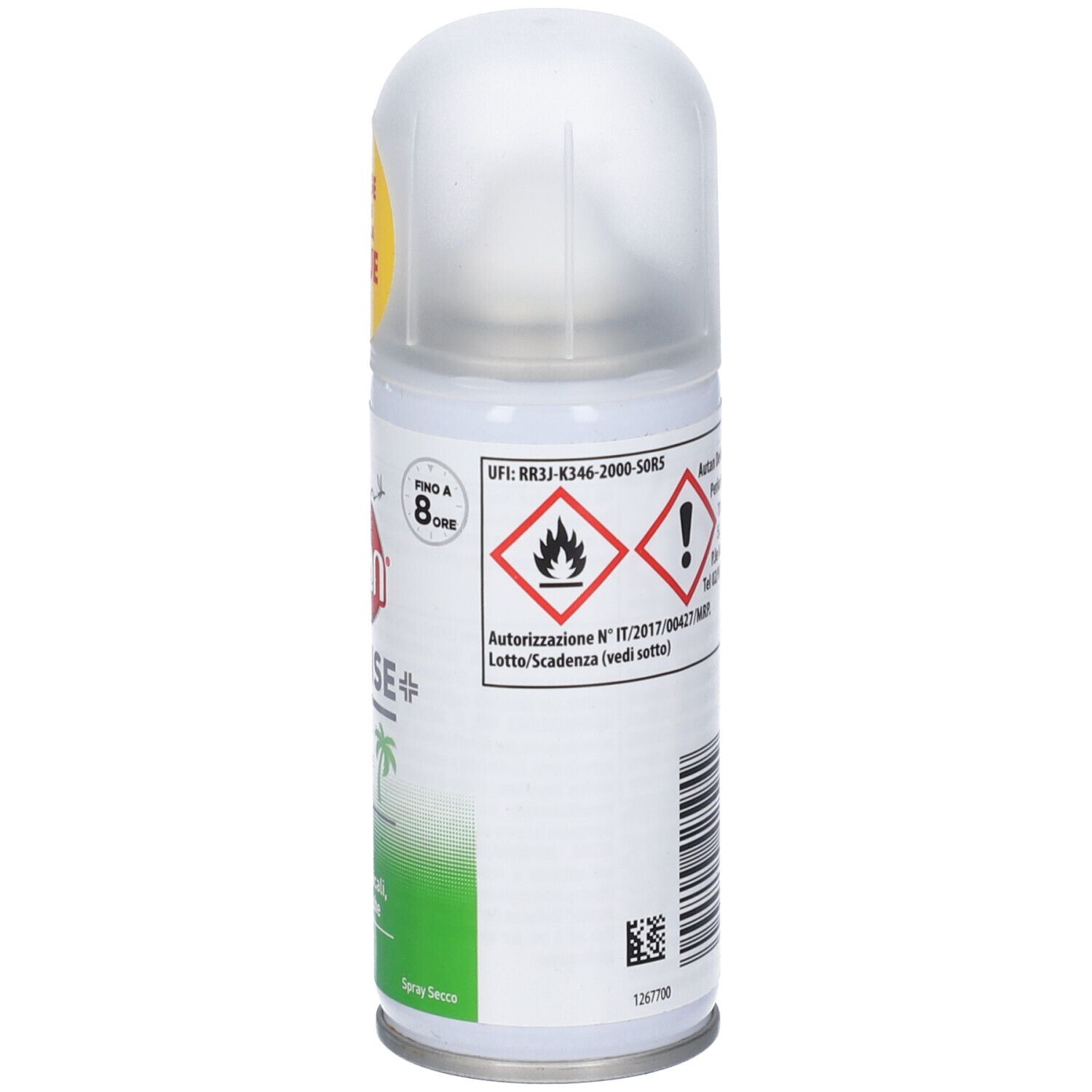 Seite der Autan Defense Forte Spray Dose mit Flammen- und Warnsymbolen. Schutz bis zu 8 Stunden.
