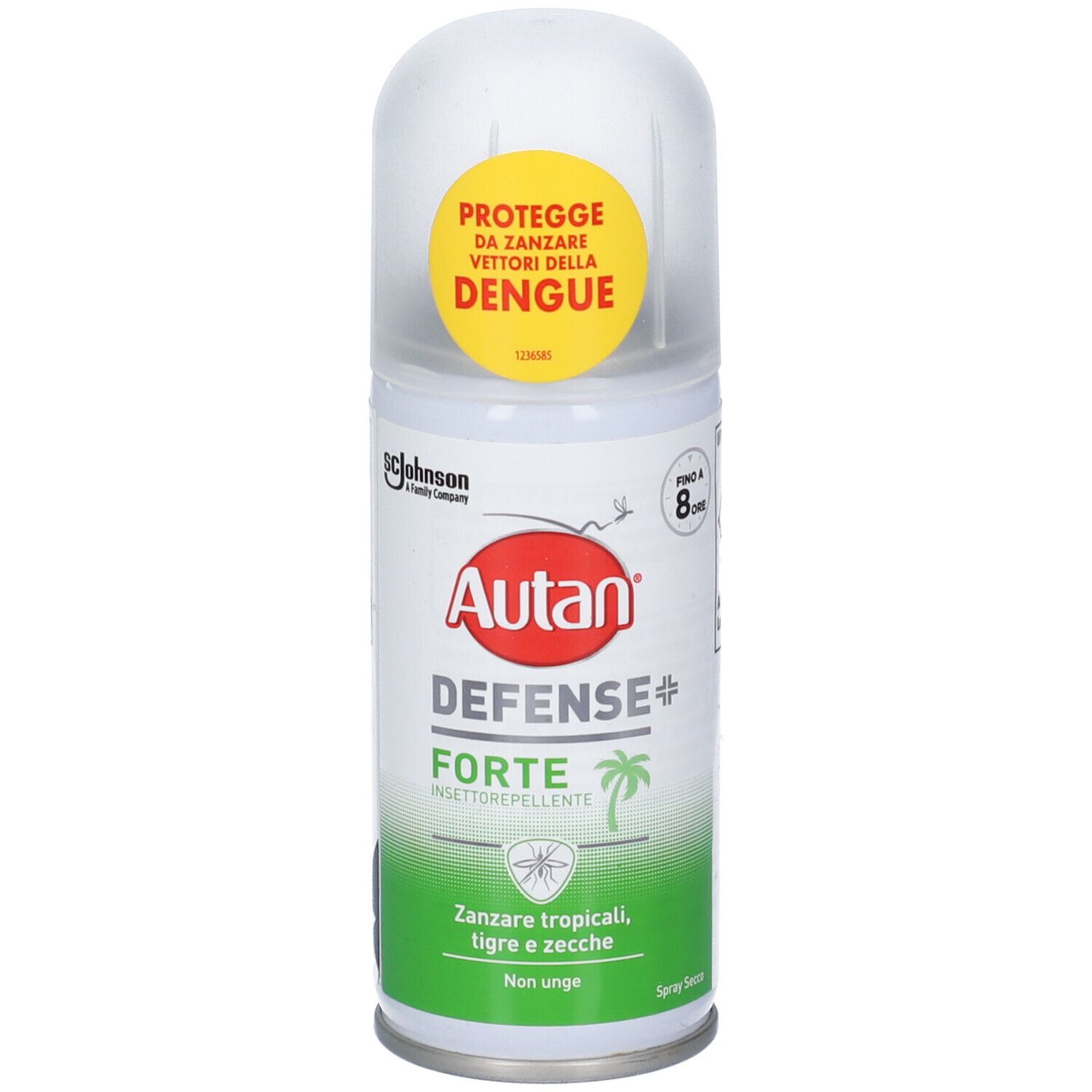 Autan Defense Forte Spray Dose mit transparentem Verschluss. Gelber Aufkleber mit Dengue-Schutz. Schutz bis zu 8 Stunden.