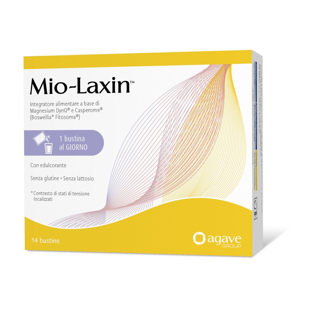 Scatola di Mio-Laxin™. Design giallo e bianco. Contiene 14 bustine. Testo: 1 bustina al giorno, senza glutine e lattosio.