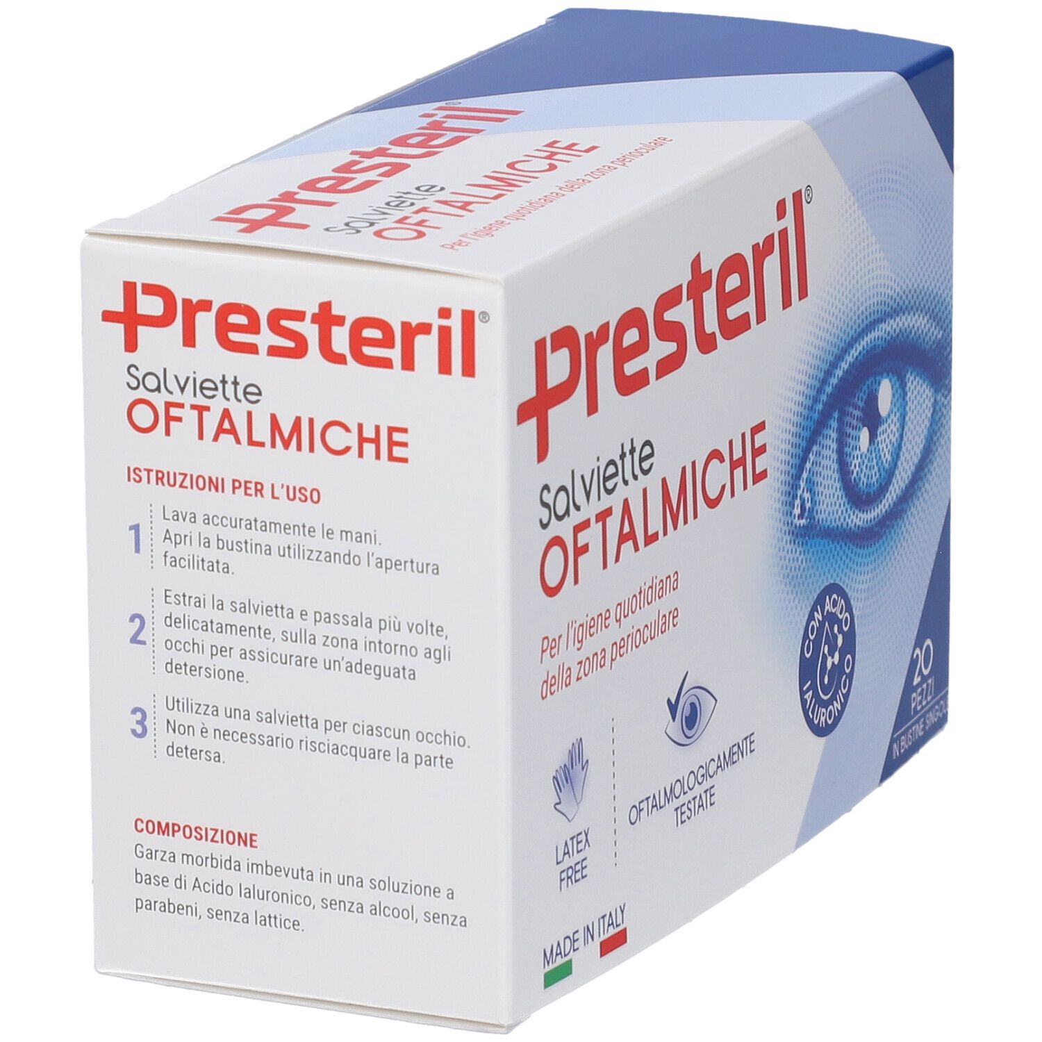 Confezione Presteril Salviette Oftalmiche con istruzioni per l'uso e composizione.