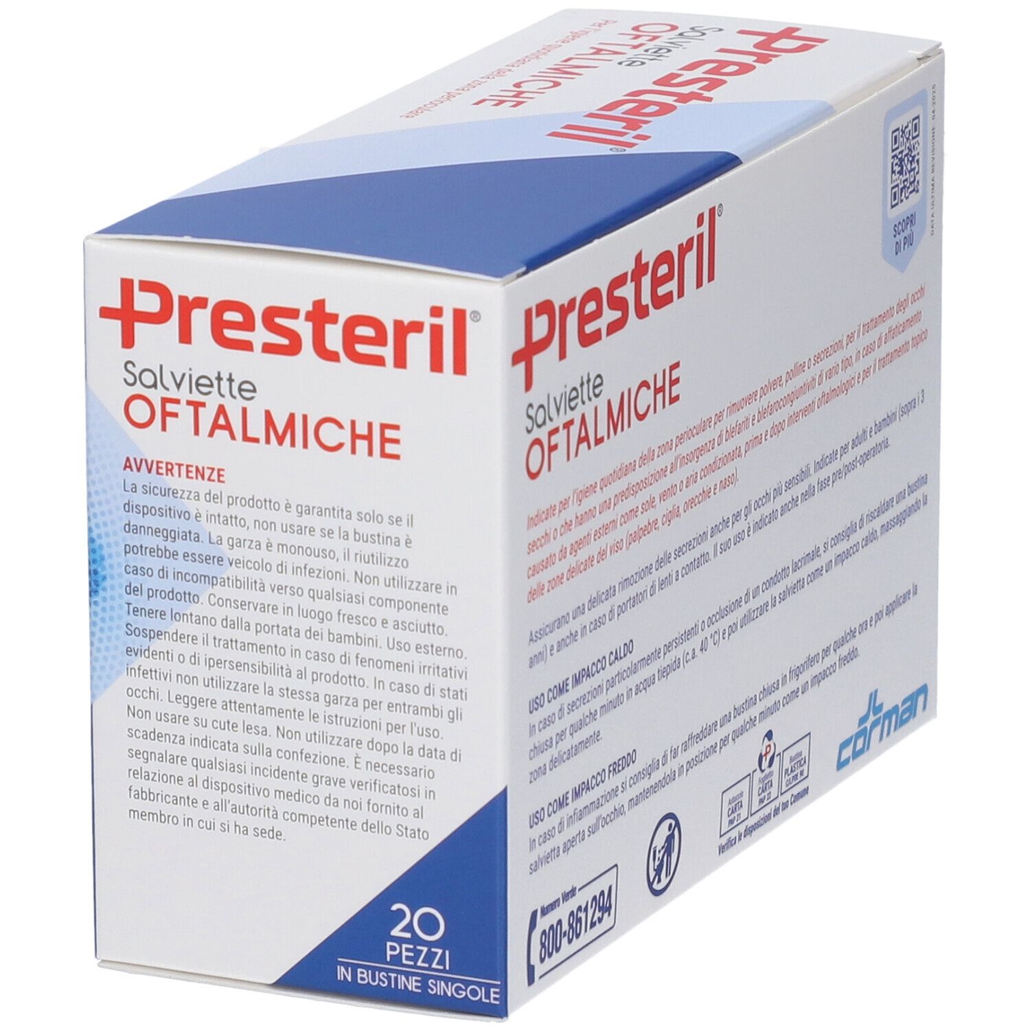 Lato della confezione Presteril Salviette Oftalmiche con avvertenze e informazioni sul prodotto.