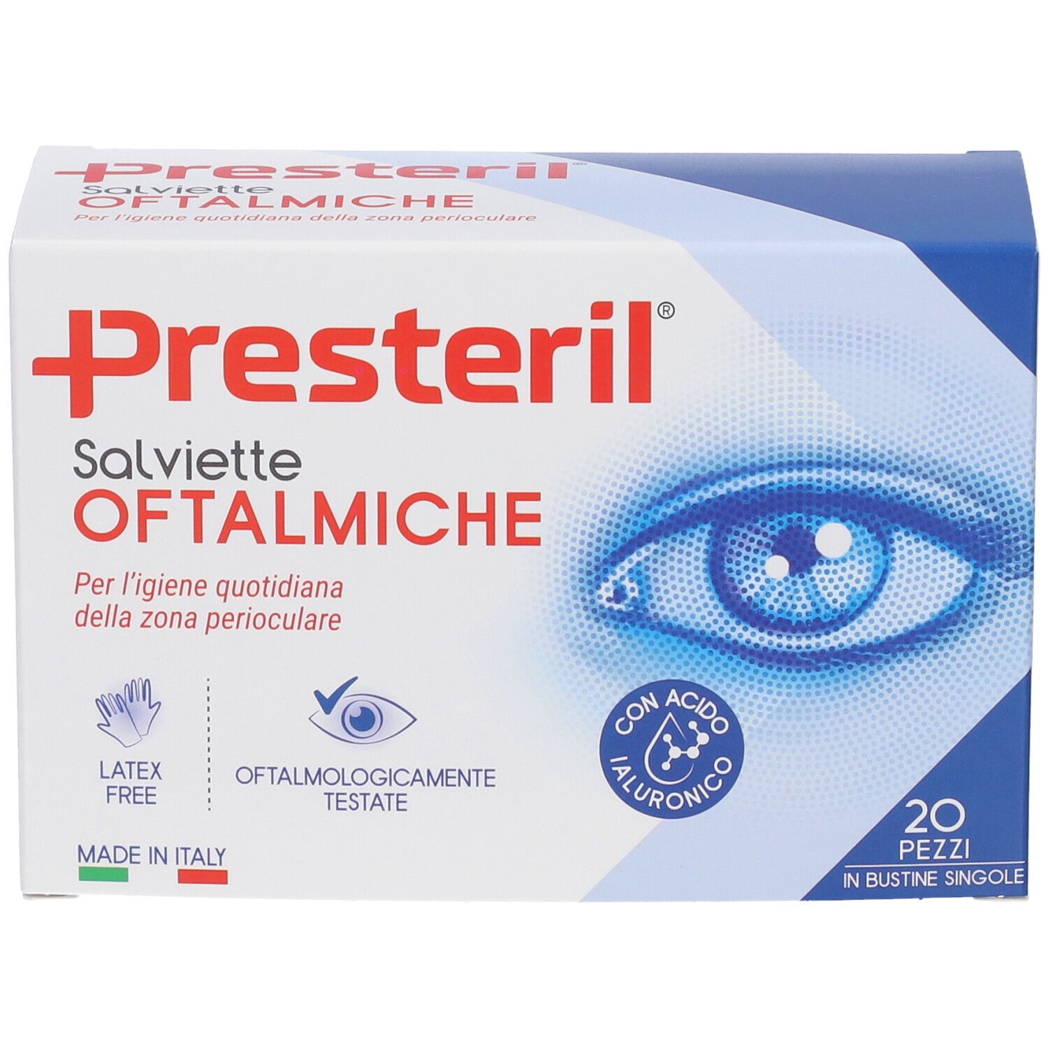 Confezione Presteril Salviette Oftalmiche, 20 pezzi in bustine singole con acido ialuronico.