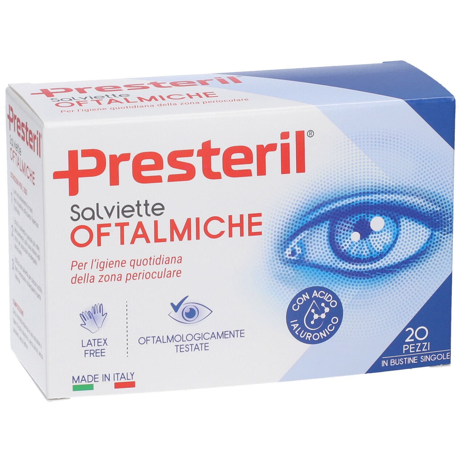Confezione Presteril Salviette Oftalmiche, 20 pezzi in bustine singole con acido ialuronico.