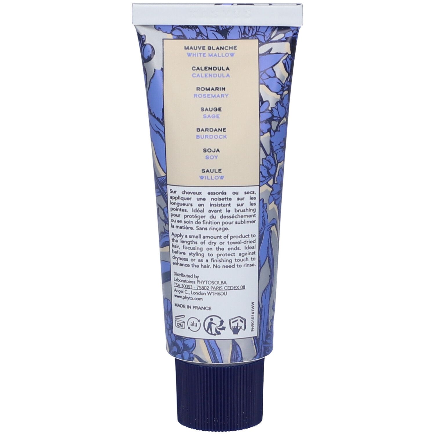 Rückseite der Creme-Tube. Aufschrift: Inhaltsstoffe, Mauve Blanche, Calendula, Romarin, Sauge, Bardane, Soja, Saule. Floralmuster.