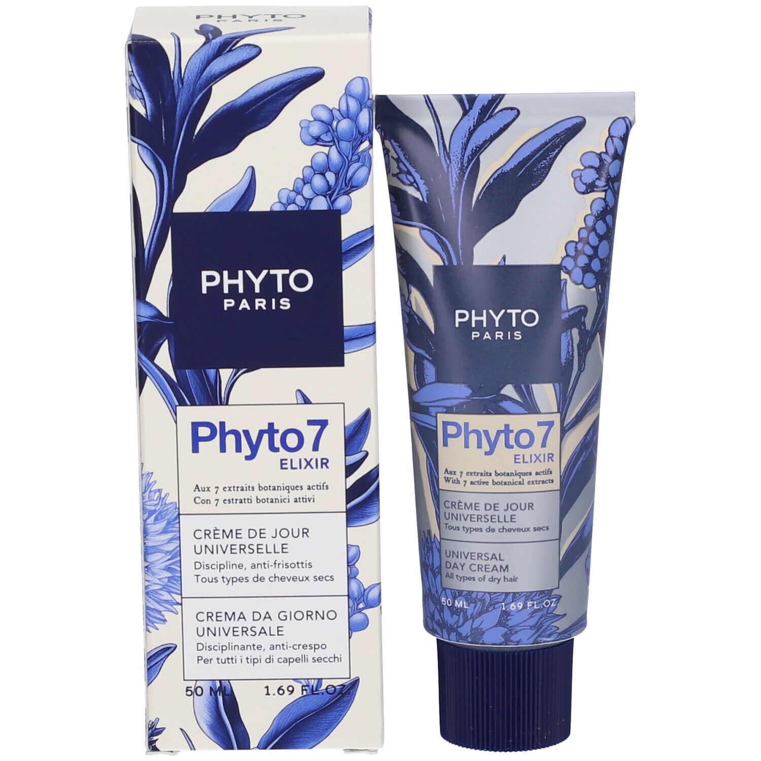 Produktverpackung mit Tube. Aufschrift: PHYTO PARIS, Phyto 7 Elixir, Crème de Jour Universelle, Crema da Giorno Universale. Floralmuster.