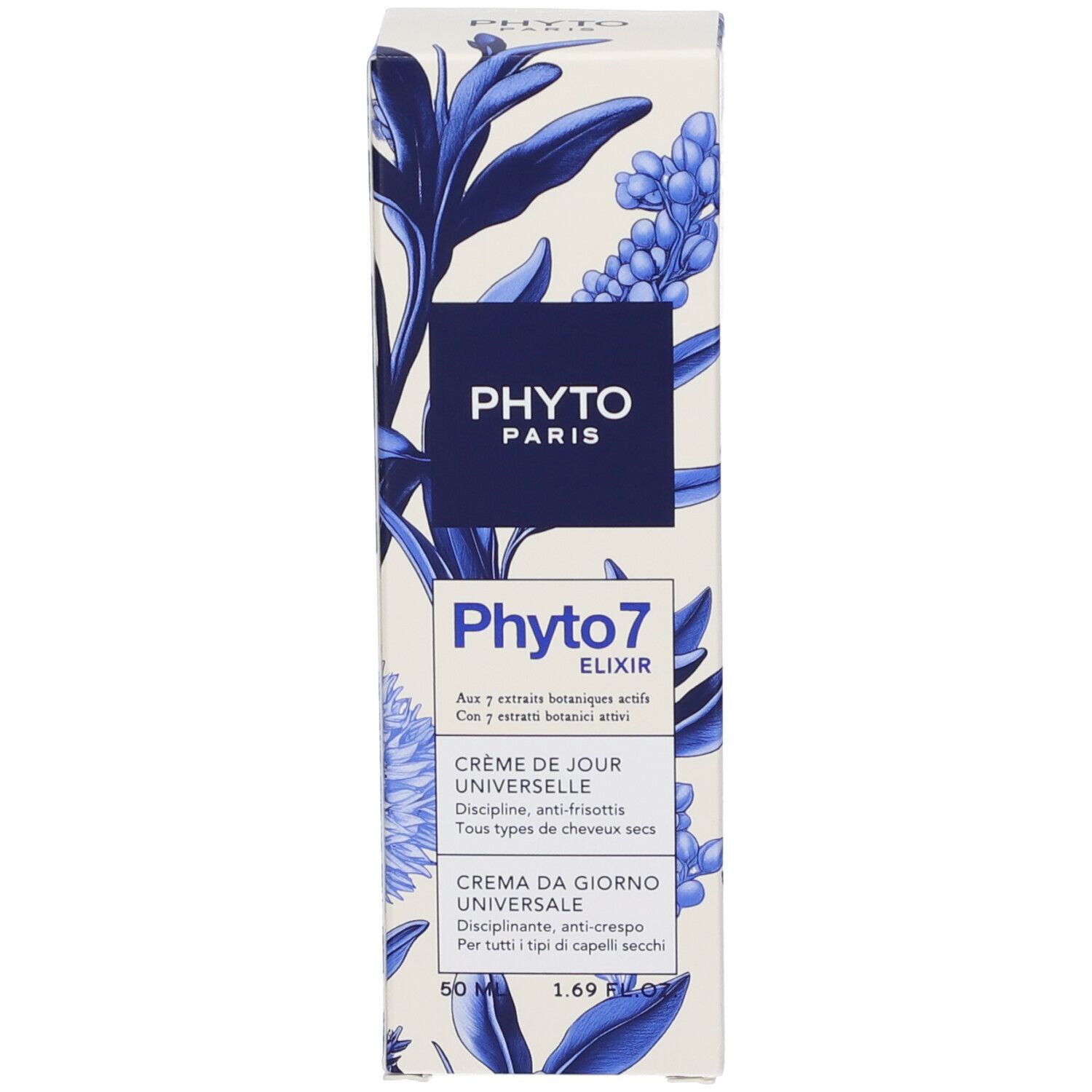 Produktverpackung. Aufschrift: PHYTO PARIS, Phyto 7 Elixir, Crème de Jour Universelle, Crema da Giorno Universale. Floralmuster.