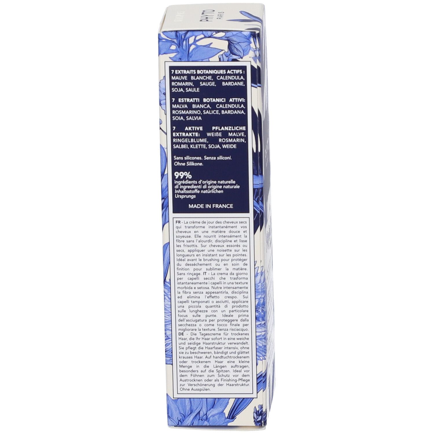 Rückseite der Produktverpackung. Aufschrift: 7 Extrait Botaniques Actifs, Inhaltsstoffe, 99% Inhaltsstoffe natürlichen Ursprungs. Floralmuster.