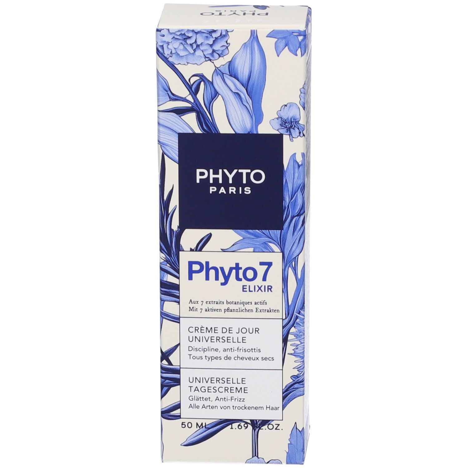Produktverpackung. Aufschrift: PHYTO PARIS, Phyto 7 Elixir, Crème de Jour Universelle, Universelle Tagescreme. Floralmuster.