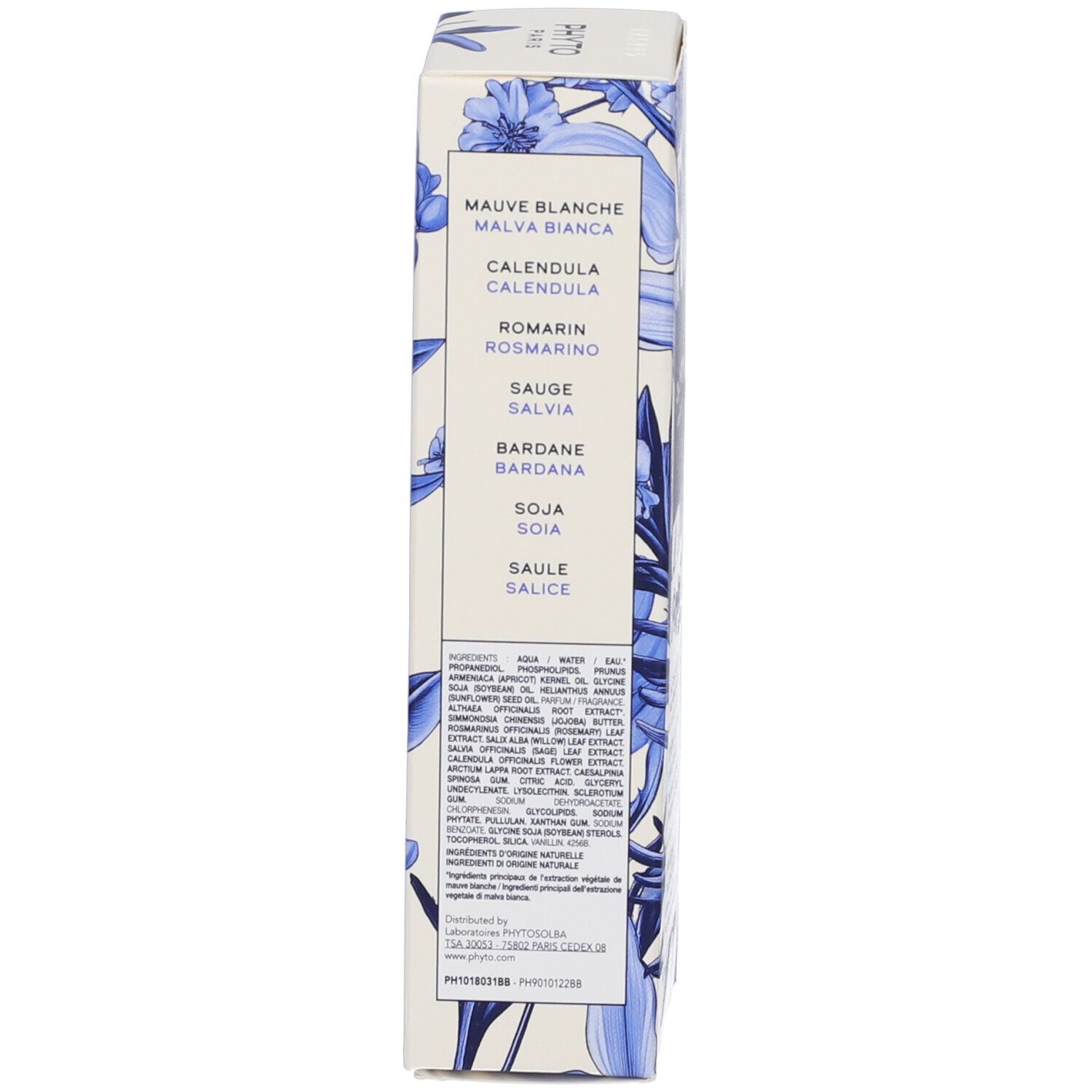 Rückseite der Produktverpackung. Aufschrift: Mauve Blanche, Calendula, Romarin, Sauge, Bardane, Soja, Saule. Inhaltsstoffe. Floralmuster.
