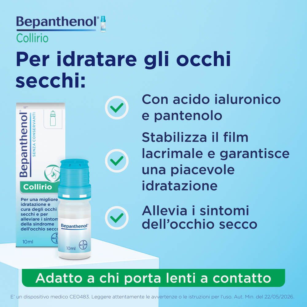 Bepanthenol Collirio: Hyaluronsäure, Panthenol, stabilisiert Tränenfilm, für Kontaktlinsenträger.