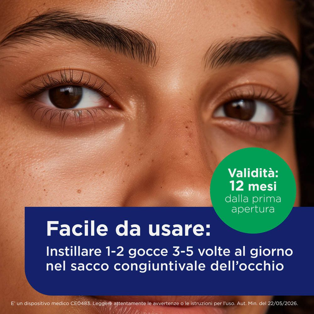 Nahaufnahme Augen, Text über einfache Anwendung: 1-2 Tropfen, 3-5 Mal täglich.