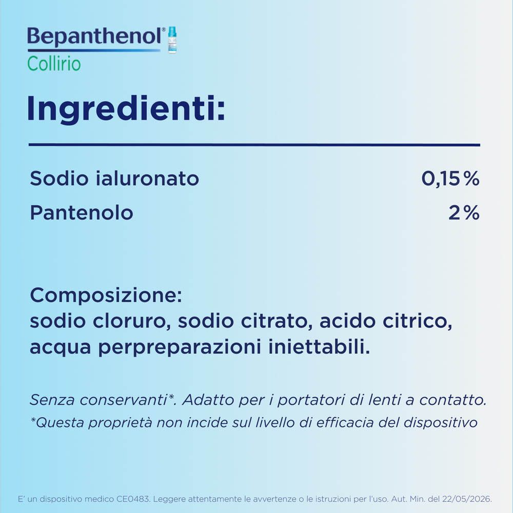 Bepanthenol Collirio Inhaltsstoffe: Natriumhyaluronat 0,15%, Panthenol 2%.