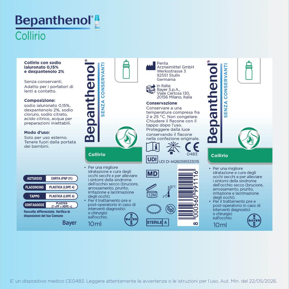 Bepanthenol Collirio Verpackung: Flasche 10ml, Karton mit Produktinformationen.