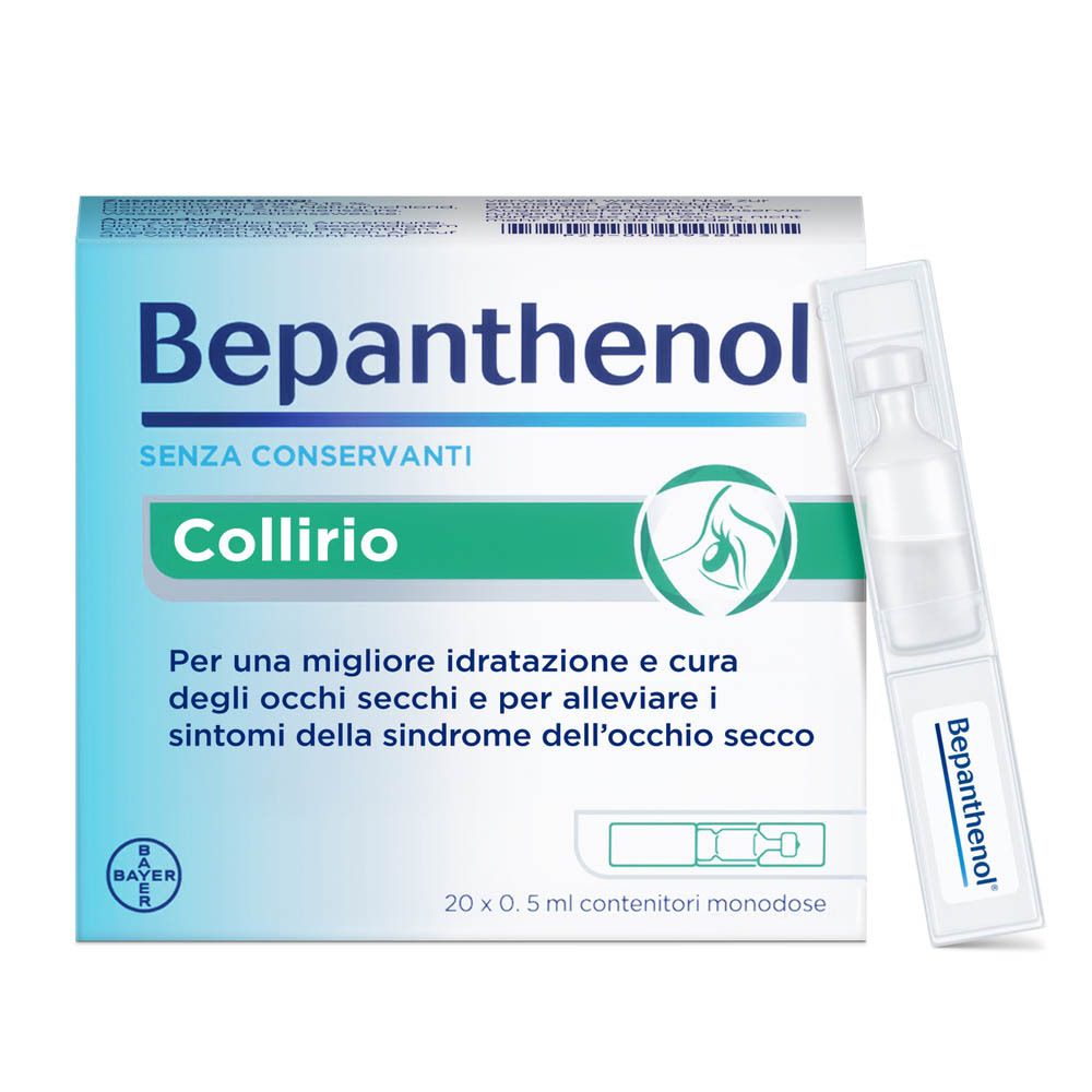 Bepanthenol Collirio: Packung mit 20 Einzeldosis-Ampullen à 0,5 ml, konservierungsmittelfrei.