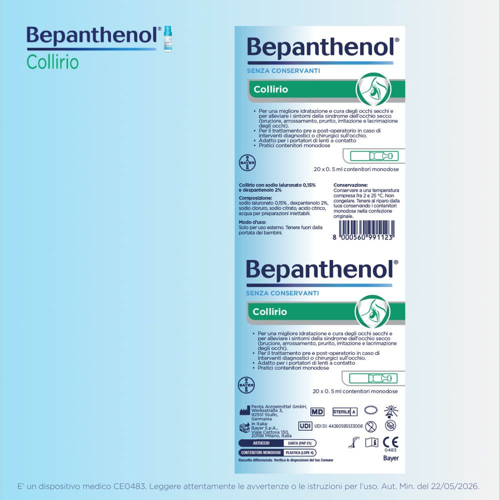 Bepanthenol Collirio Packung: Vorderseite mit Produktinformationen und Einzeldosis-Ampullen.