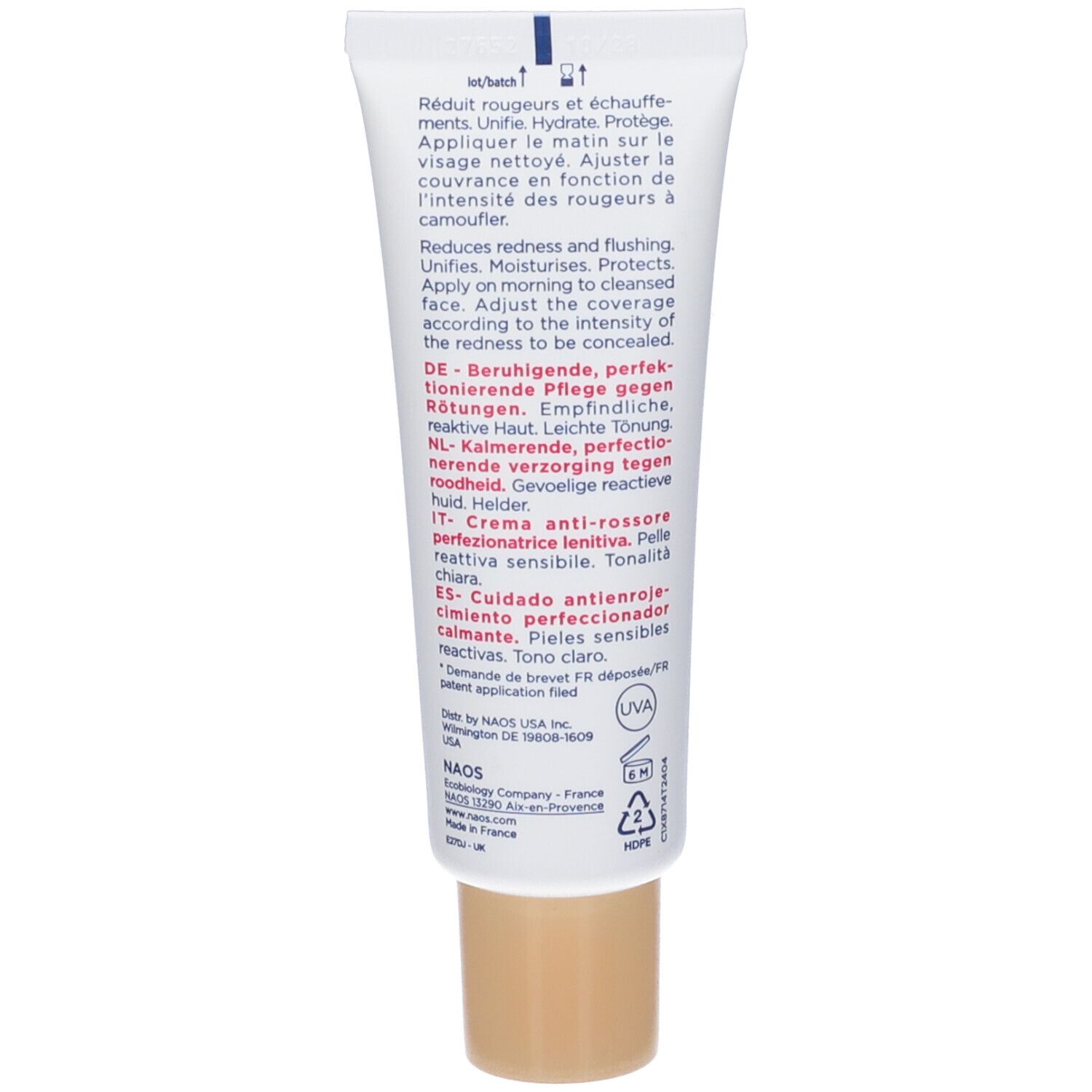 Rückseite der Creme-Tube. Text in mehreren Sprachen. Enthält Anweisungen und Inhaltsstoffe. Marke: BIODERMA.