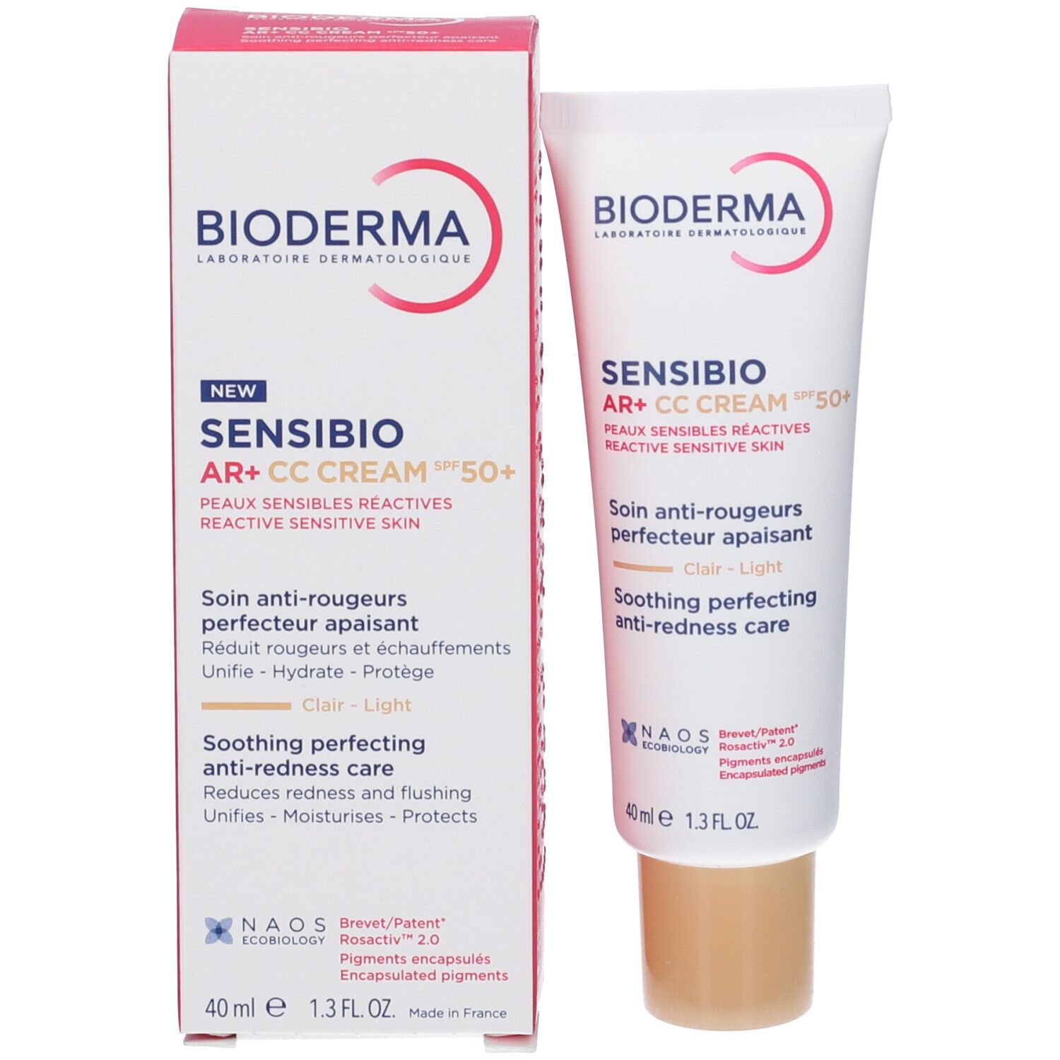 Produkt mit Verpackung. Tube und Schachtel. Text: Sensibio AR+ CC Cream SPF50+ Light. Marke: BIODERMA. 40ml.