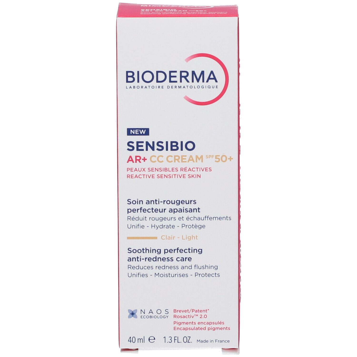 Schachtel mit Produktnamen und SPF50+. Marke: BIODERMA. Text: Sensibio AR+ CC Cream. Farbe: Hell. 40ml.