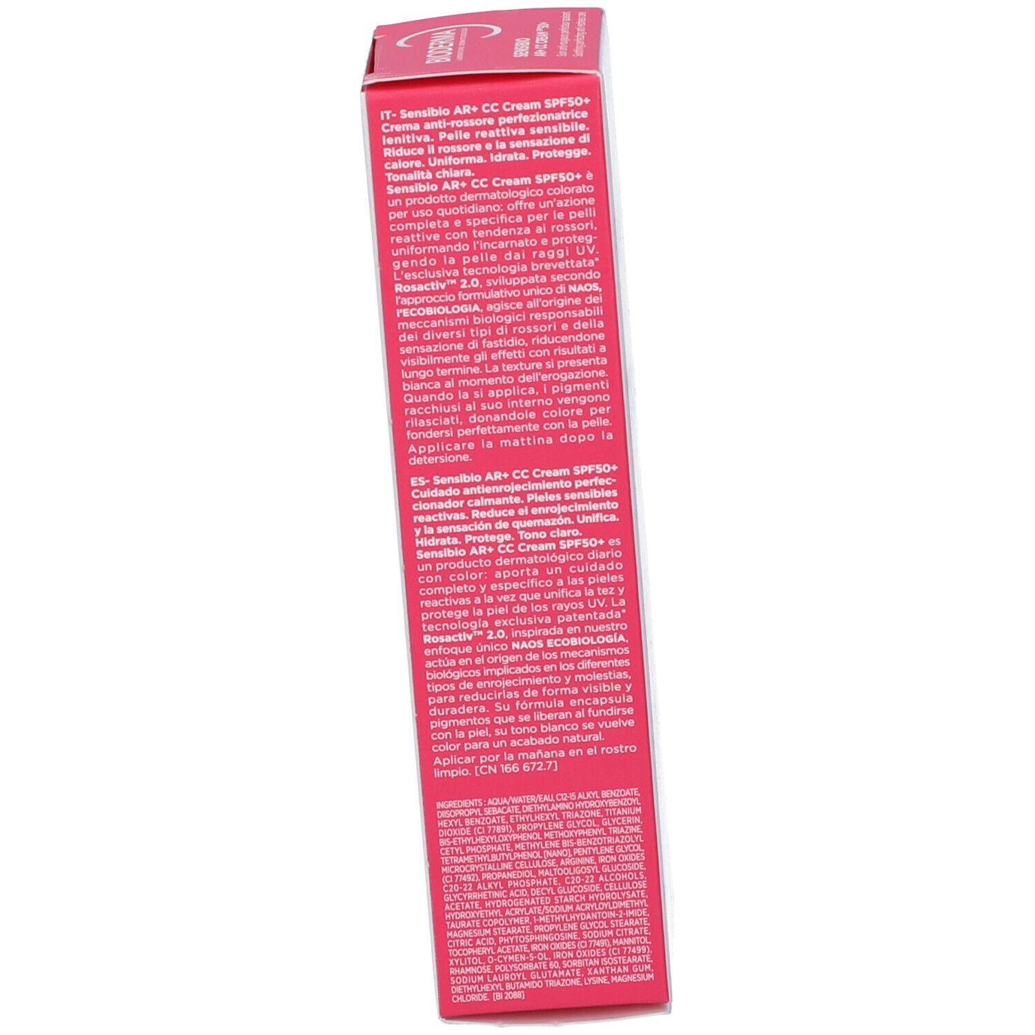 Seite der Schachtel. Text in italienischer Sprache. Produktinformationen und Marke: BIODERMA. 