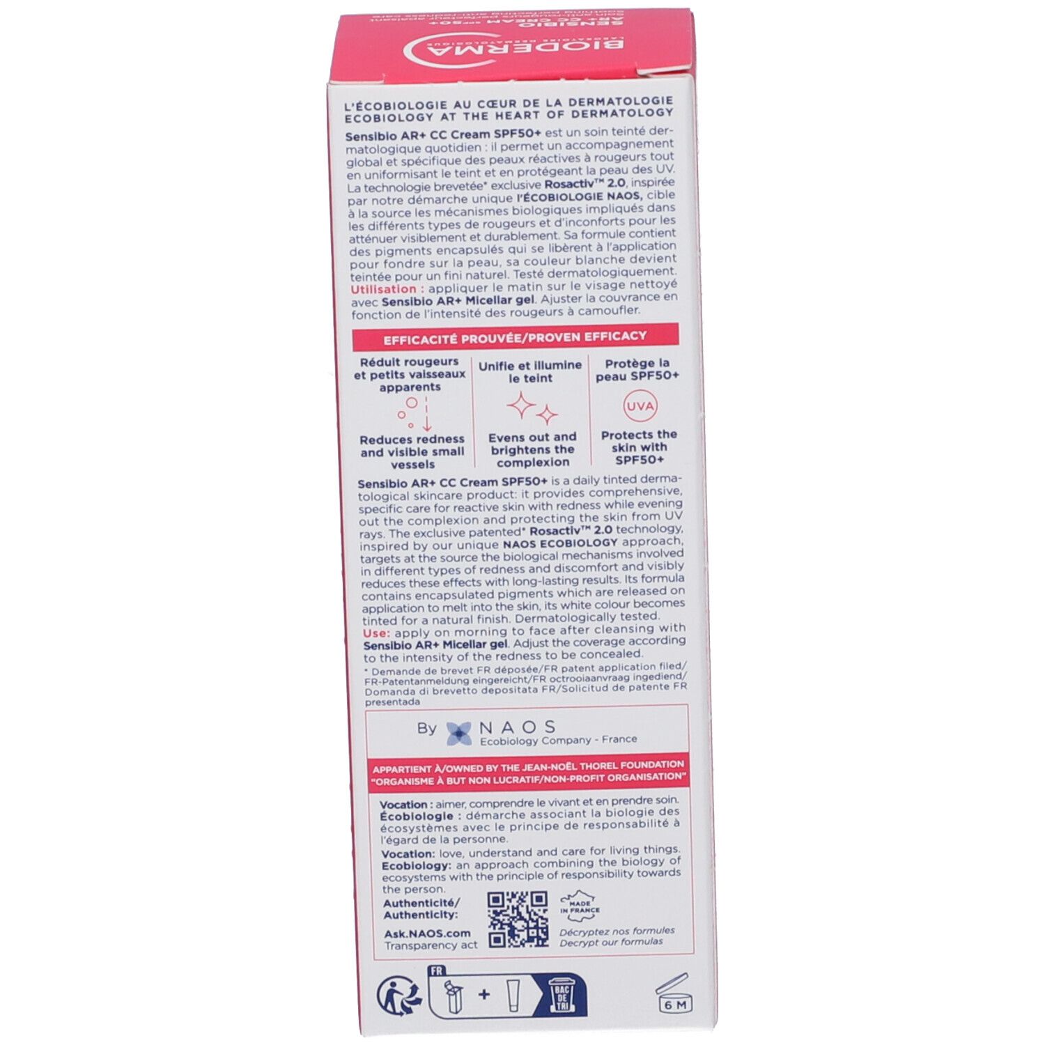 Seite der Schachtel. Text in französischer Sprache. Produktinformationen und Marke: BIODERMA. 