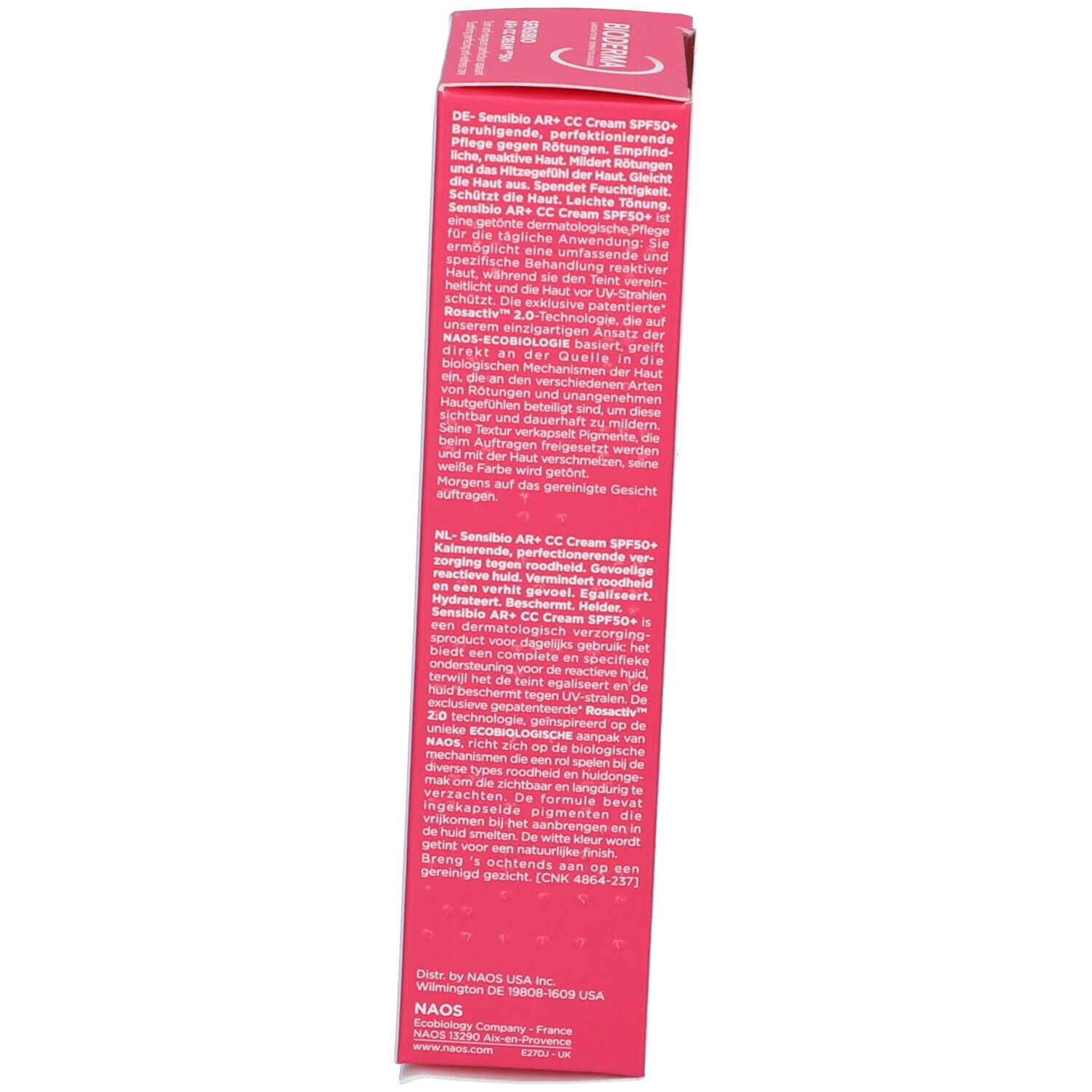 Seite der Schachtel. Text in deutscher Sprache. Produktinformationen und Marke: BIODERMA. 