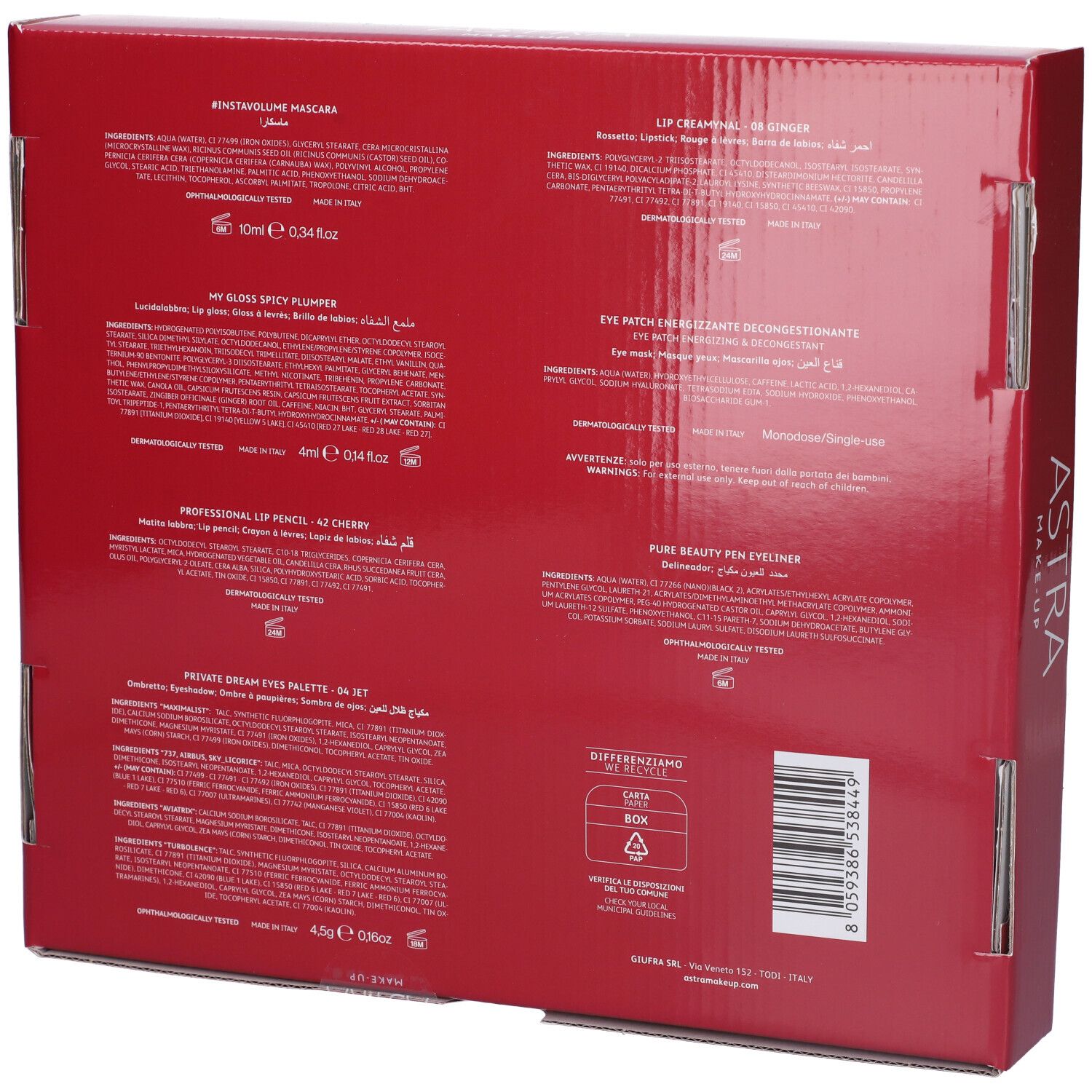 Confezione rossa con prodotti cosmetici: mascara, lucidalabbra, rossetto, palette ombretti, matita labbra, eyeliner e patch occhi.