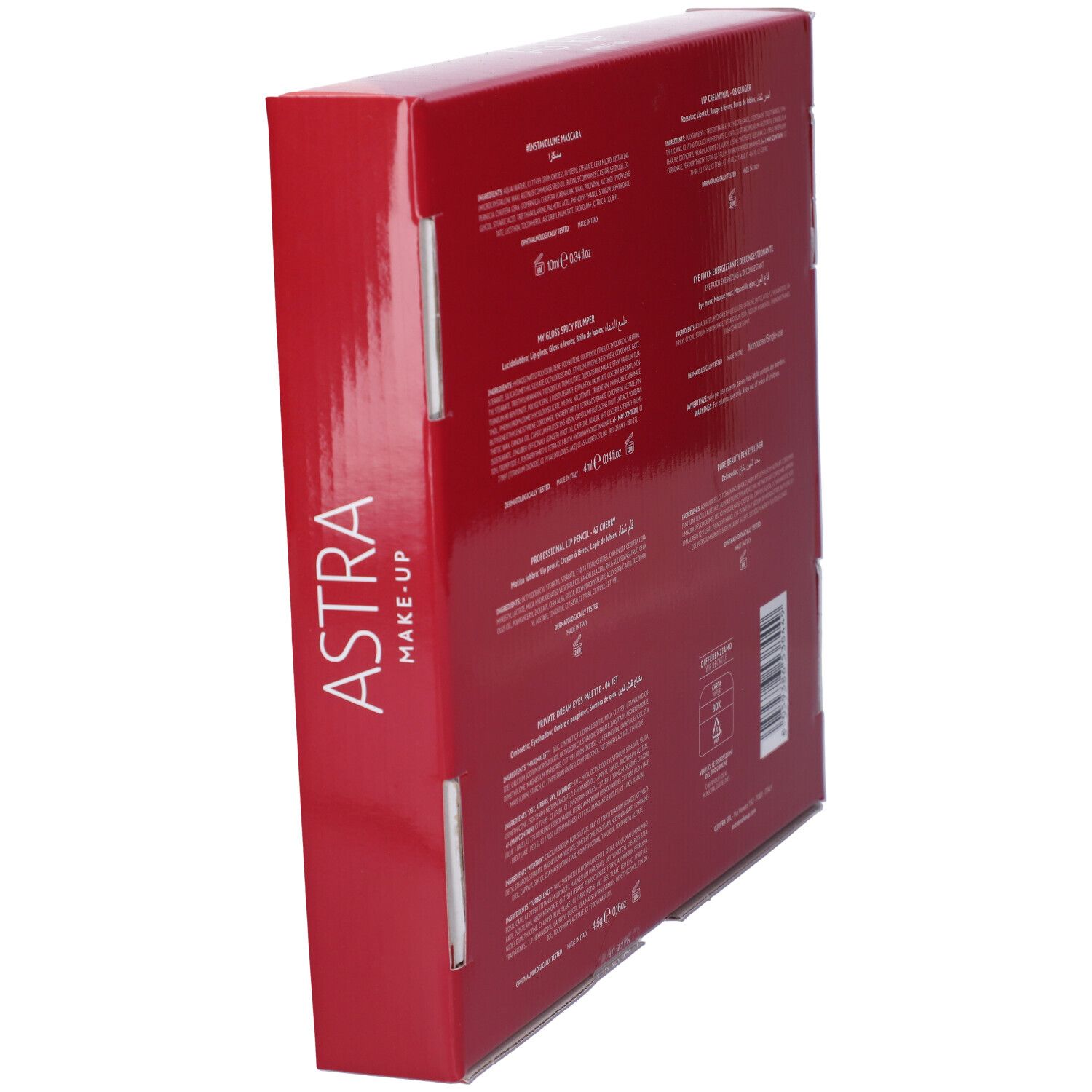 Scatola rossa Astra Make-Up con scritte bianche e informazioni sul prodotto.