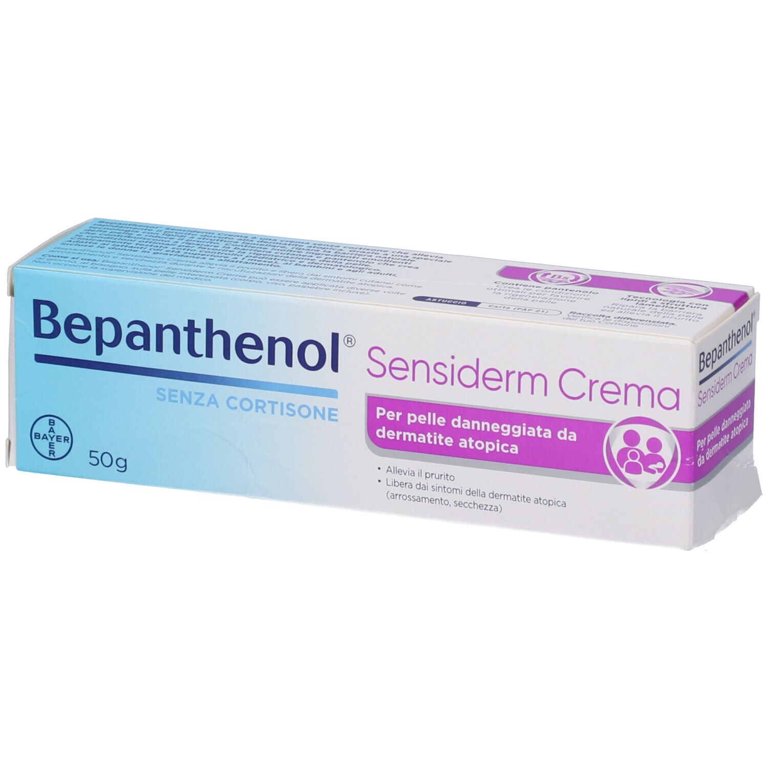 Bepanthenol Sensiderm Crema 50g Karton, ohne Kortison, für atopische Dermatitis.