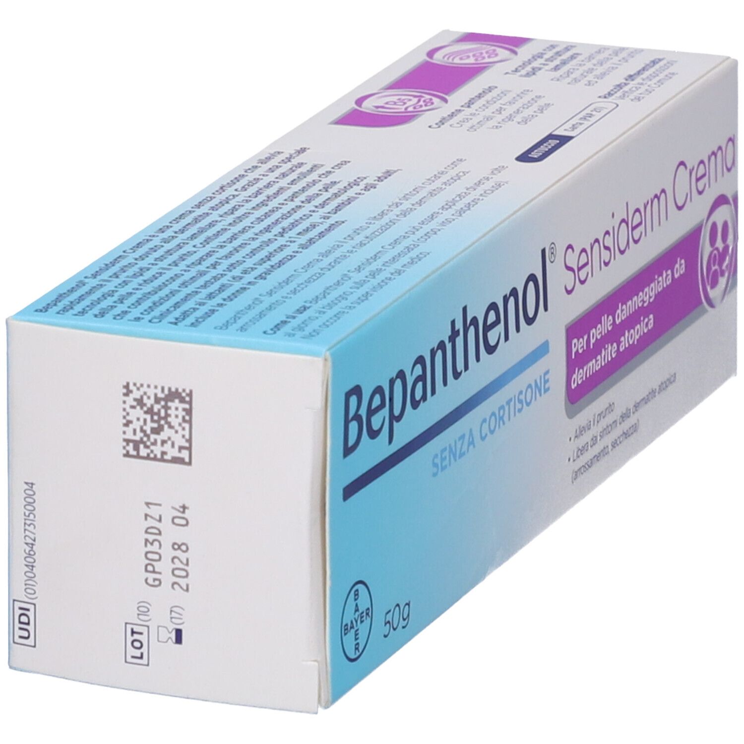 Bepanthenol Sensiderm Crema 50g Karton, Rückseite mit UDI und Chargennummer.