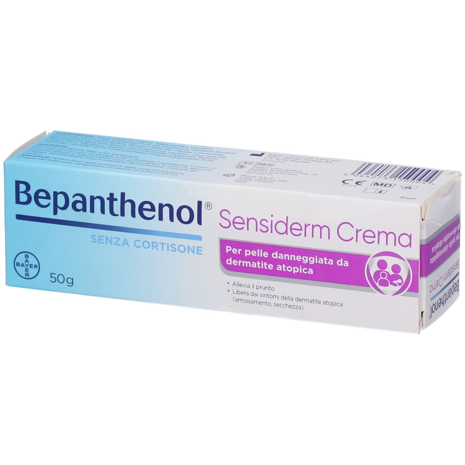 Bepanthenol Sensiderm Crema 50g Karton, ohne Kortison, für atopische Dermatitis.