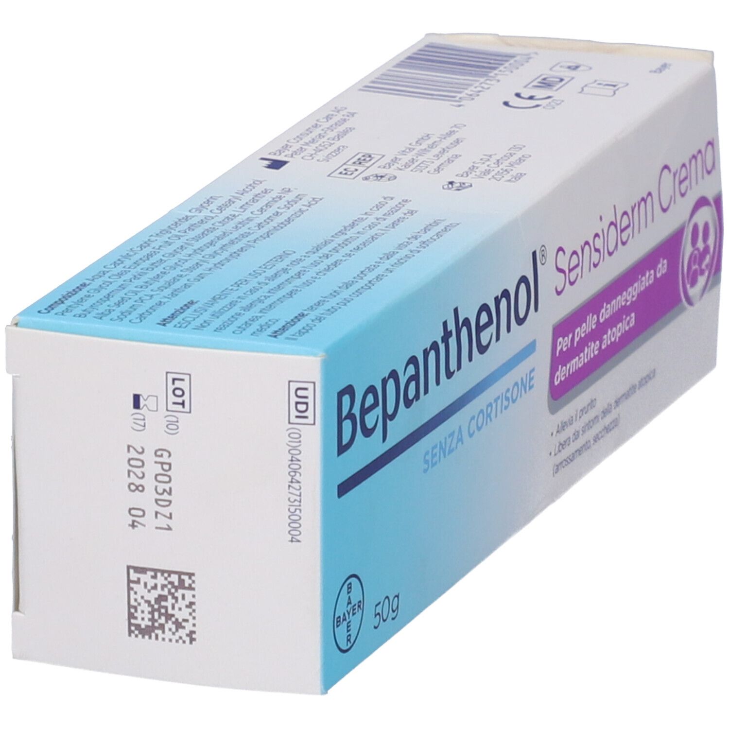Bepanthenol Sensiderm Crema 50g Karton, Rückseite mit UDI und Chargennummer.