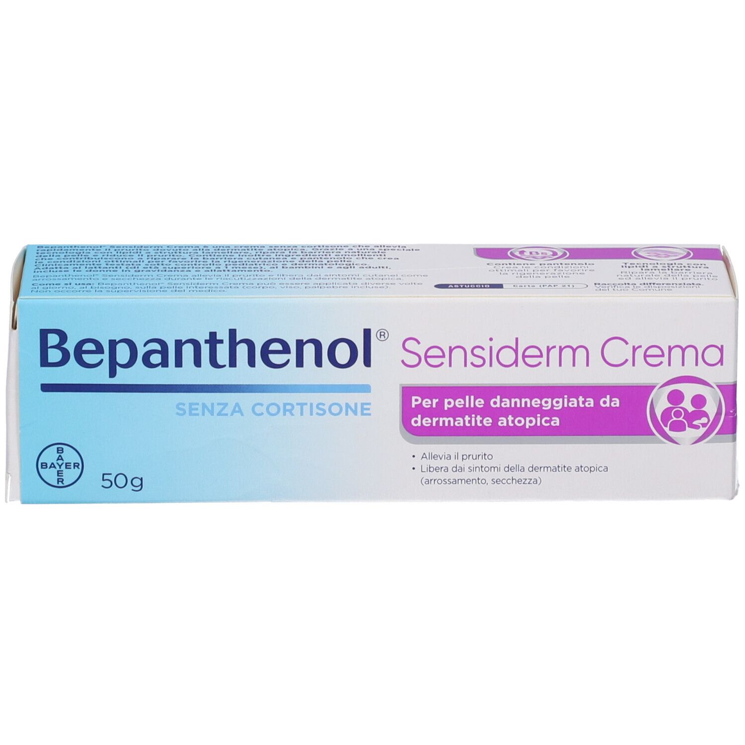 Bepanthenol Sensiderm Crema 50g Karton, ohne Kortison, für atopische Dermatitis.