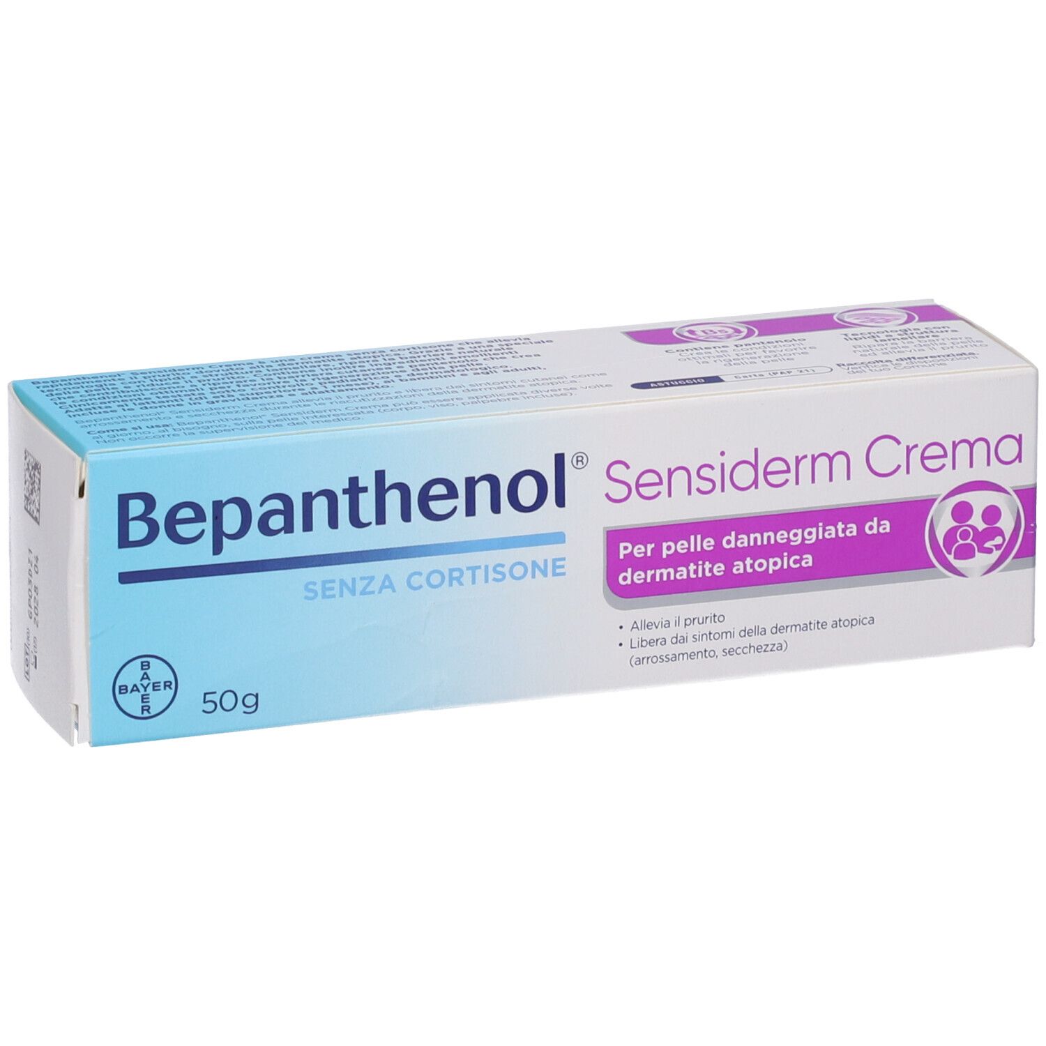 Bepanthenol Sensiderm Crema 50g Karton, ohne Kortison, für atopische Dermatitis.