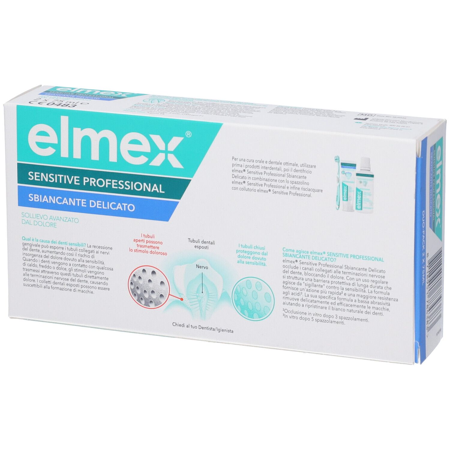 Elmex Sensitive Professional Sbiancante Delicato Zahnpasta-Verpackung mit Abbildungen von Zahnschmelz und Nerven.