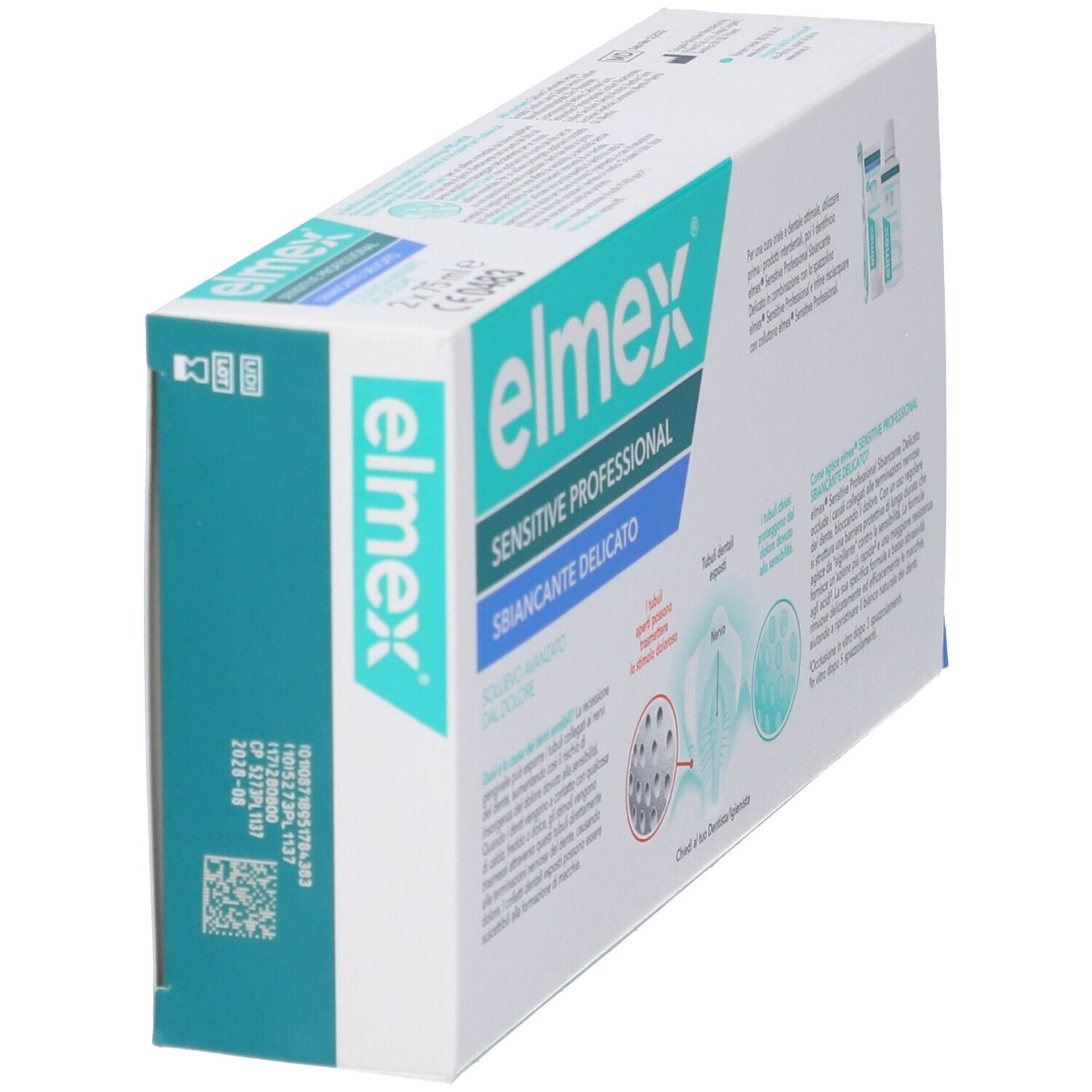 Elmex Sensitive Professional Mundspülung Karton. Weiß mit türkisen und blauen Akzenten. Enthält Produktinformationen und Grafiken.
