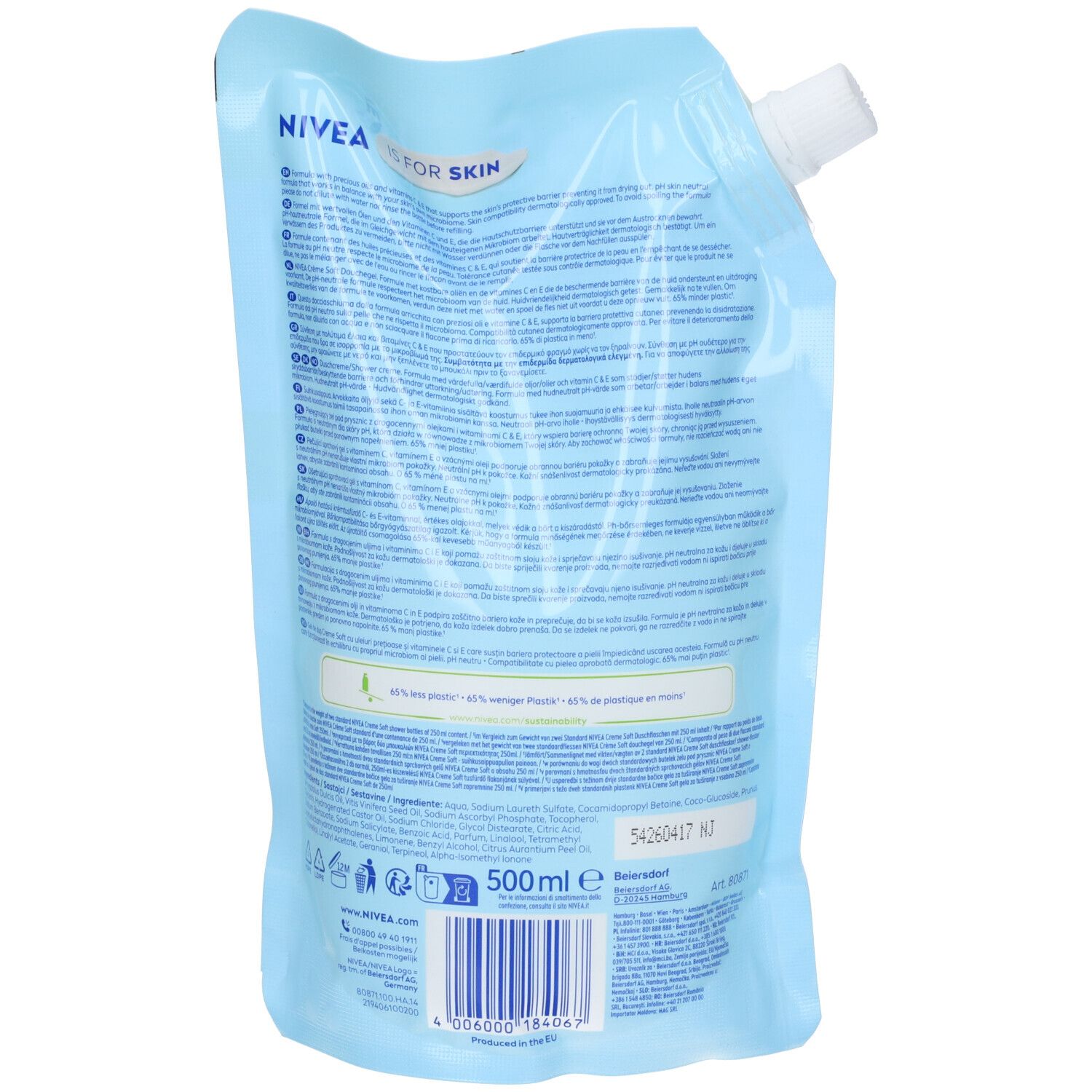 Nivea Nachfüllbeutel für die Haut, 500ml, mit Schraubverschluss.