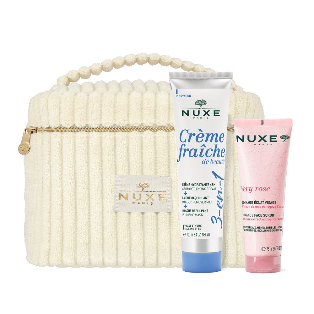 Trousse con cerniera e due tubi. Scritta: NUXE PARIS, Crème fraîche de beauté, Very rose. Trousse in tessuto color crema.