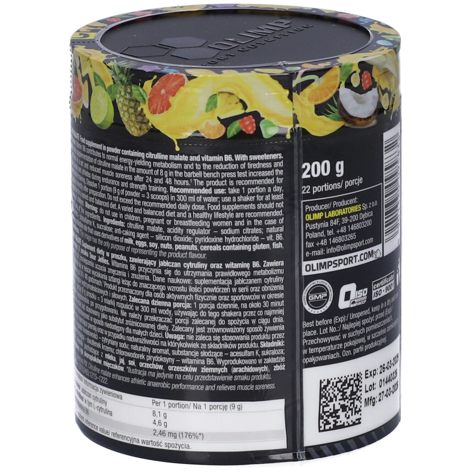 Seite der Olimp Citrulline Malate 200g Dose mit detaillierten Anwendungshinweisen und Nährwertangaben.