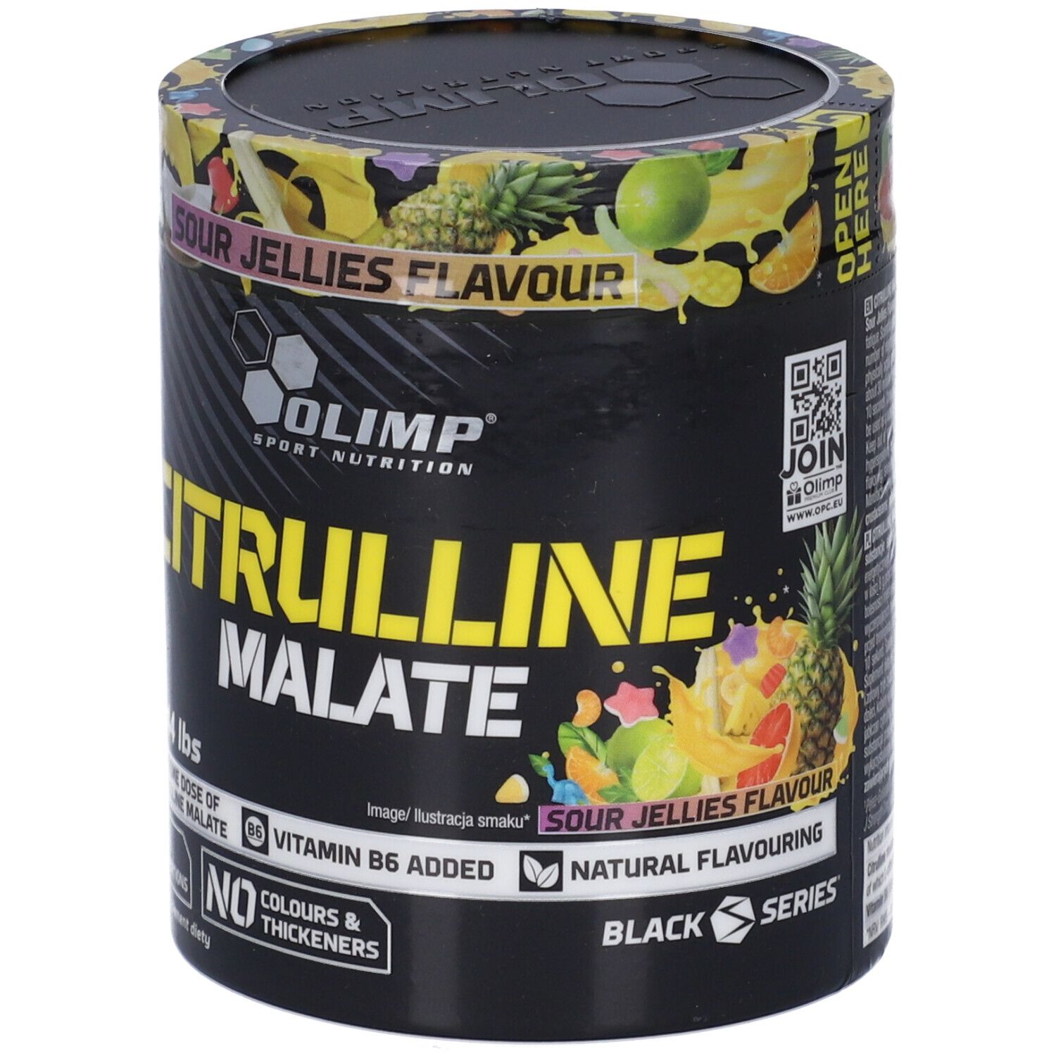 Olimp Citrulline Malate Sour Jellies Flavour, 200g Dose mit Frucht-Illustrationen und Produktmerkmalen.