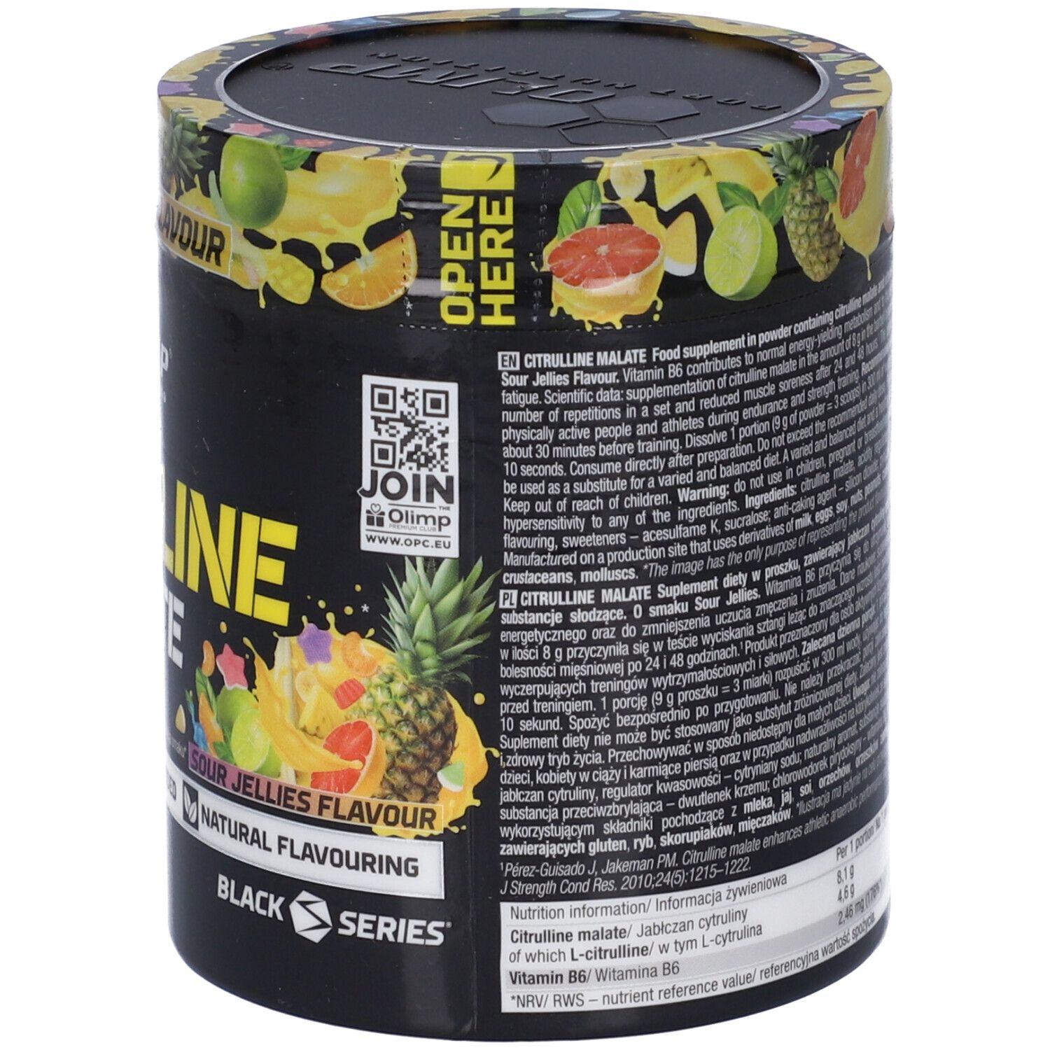 Vorderseite der Olimp Citrulline Malate 200g Dose mit QR-Code und Hinweisen zur Anwendung.