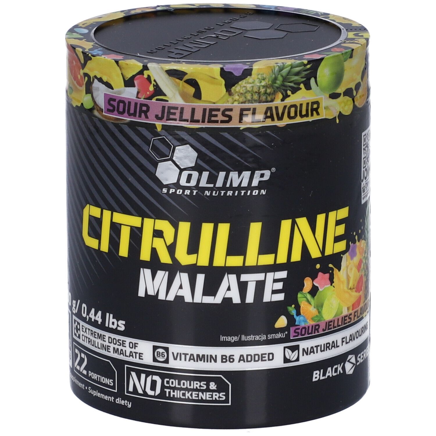Olimp Citrulline Malate Sour Jellies Flavour, 200g Dose mit Frucht-Illustrationen, Vitamin B6 und "No Colours & Thickeners".