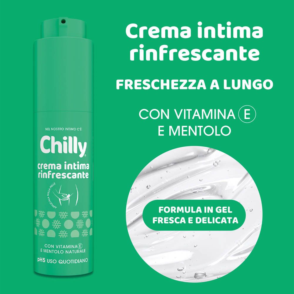 Chilly Crema Intima Rinfrescante, grüne Flasche. Text: 'Freschezza a lungo'. Mit Vitamin E und natürlichem Menthol.