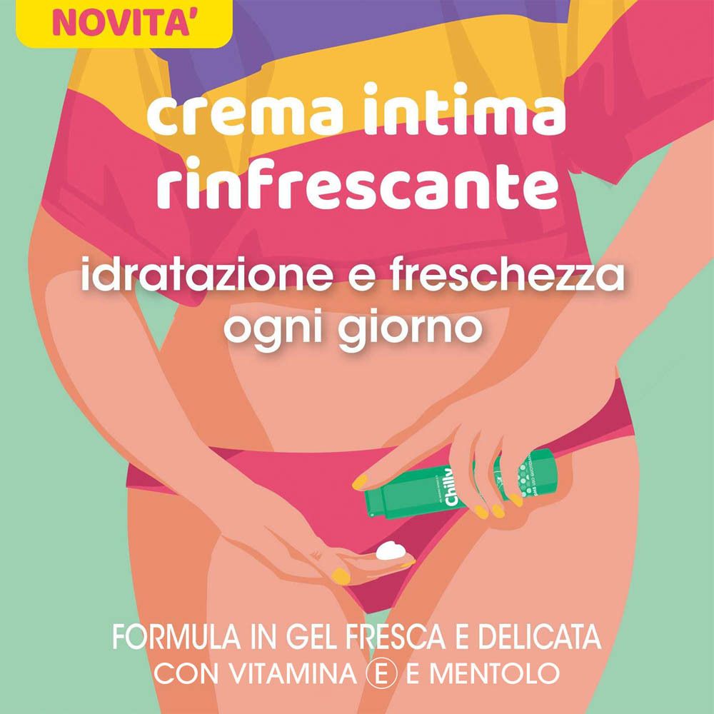 Illustration: Frau benutzt Chilly Crema Intima Rinfrescante. Text: 'Idratazione e freschezza ogni giorno'.