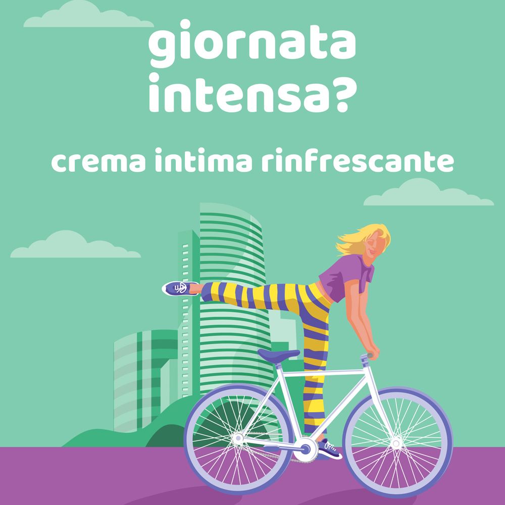Illustration: Frau auf dem Fahrrad. Text: 'Crema Intima Rinfrescante'. Hintergrund: Stadtlandschaft.