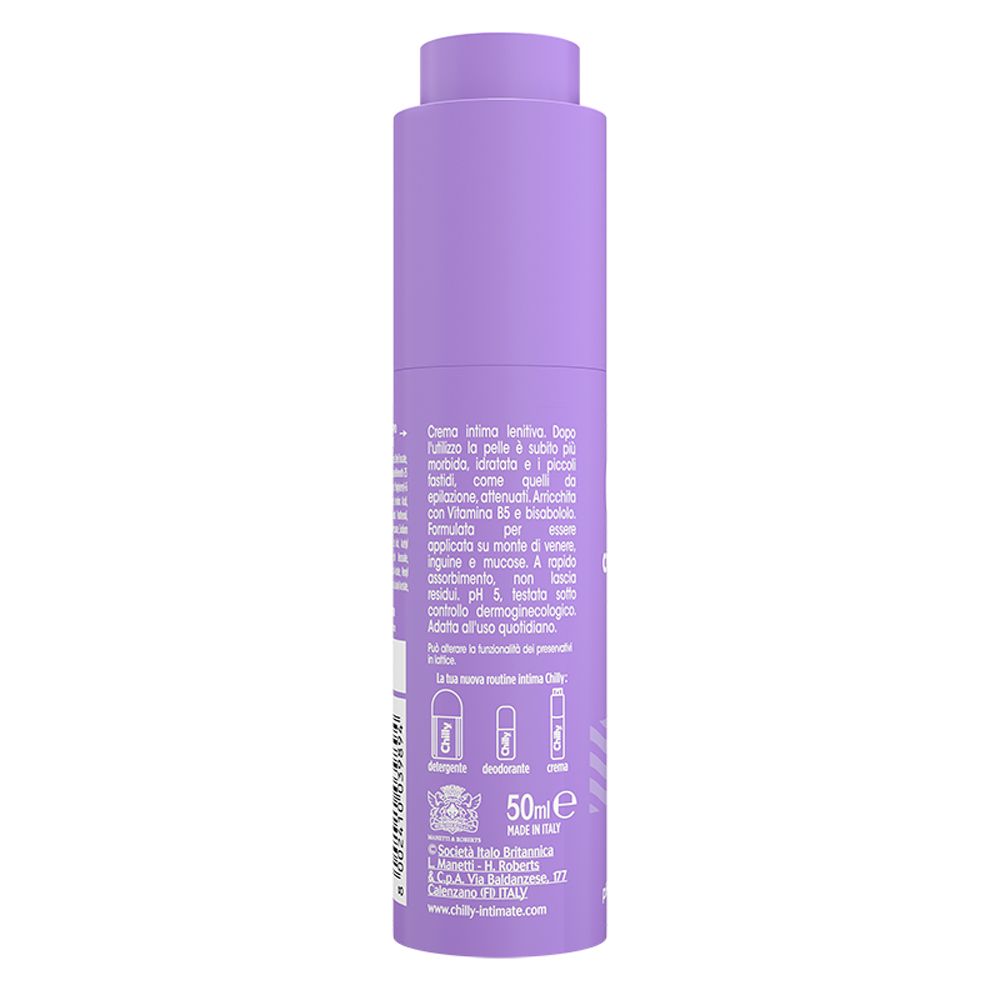 Rückseite der lila Flasche. Text: Creme intima lenitiva. Informationen zum Produkt, Barcode, 50ml.