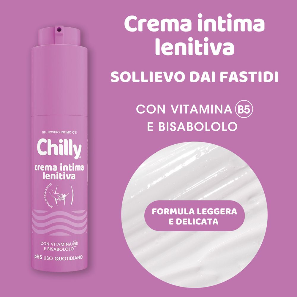 Rosa Hintergrund mit Produkt. Text: Crema intima lenitiva. Con Vitamin B5 e Bisabololo. Formel leggera e delicata.